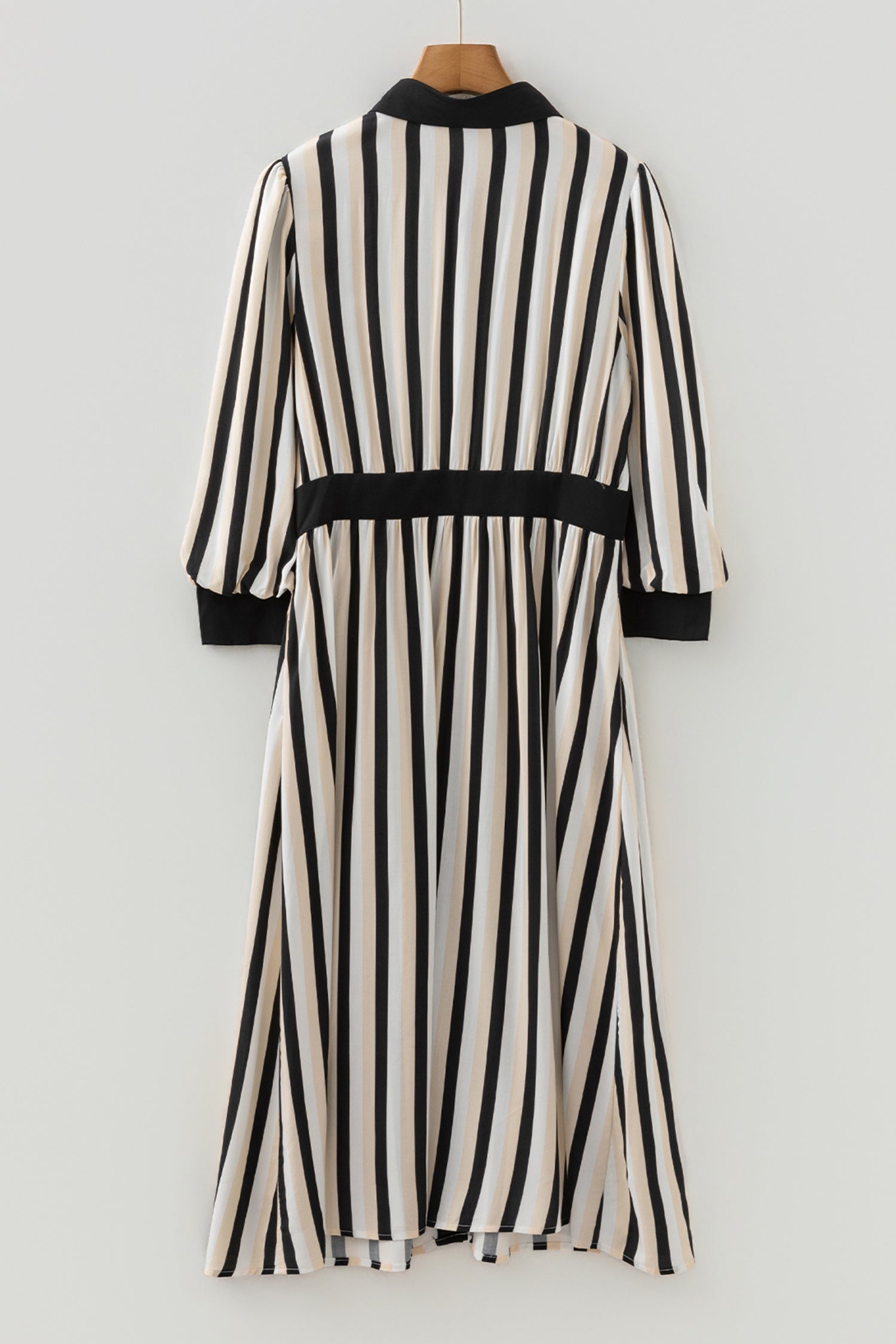 Black Stripe 3/4 Puff Sleeve Shirt Style Button Down Midi Dress-TOPS / DRESSES-[Adult]-[Female]-2022 Online Blue Zone Planet