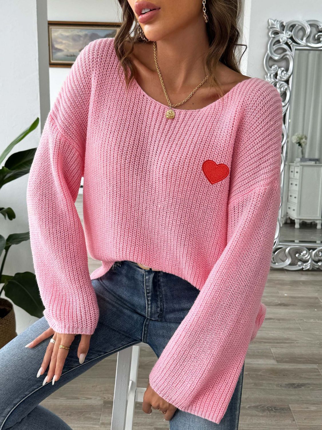 Heart Boat Neck Dropped Shoulder Sweater-TOPS / DRESSES-[Adult]-[Female]-2022 Online Blue Zone Planet