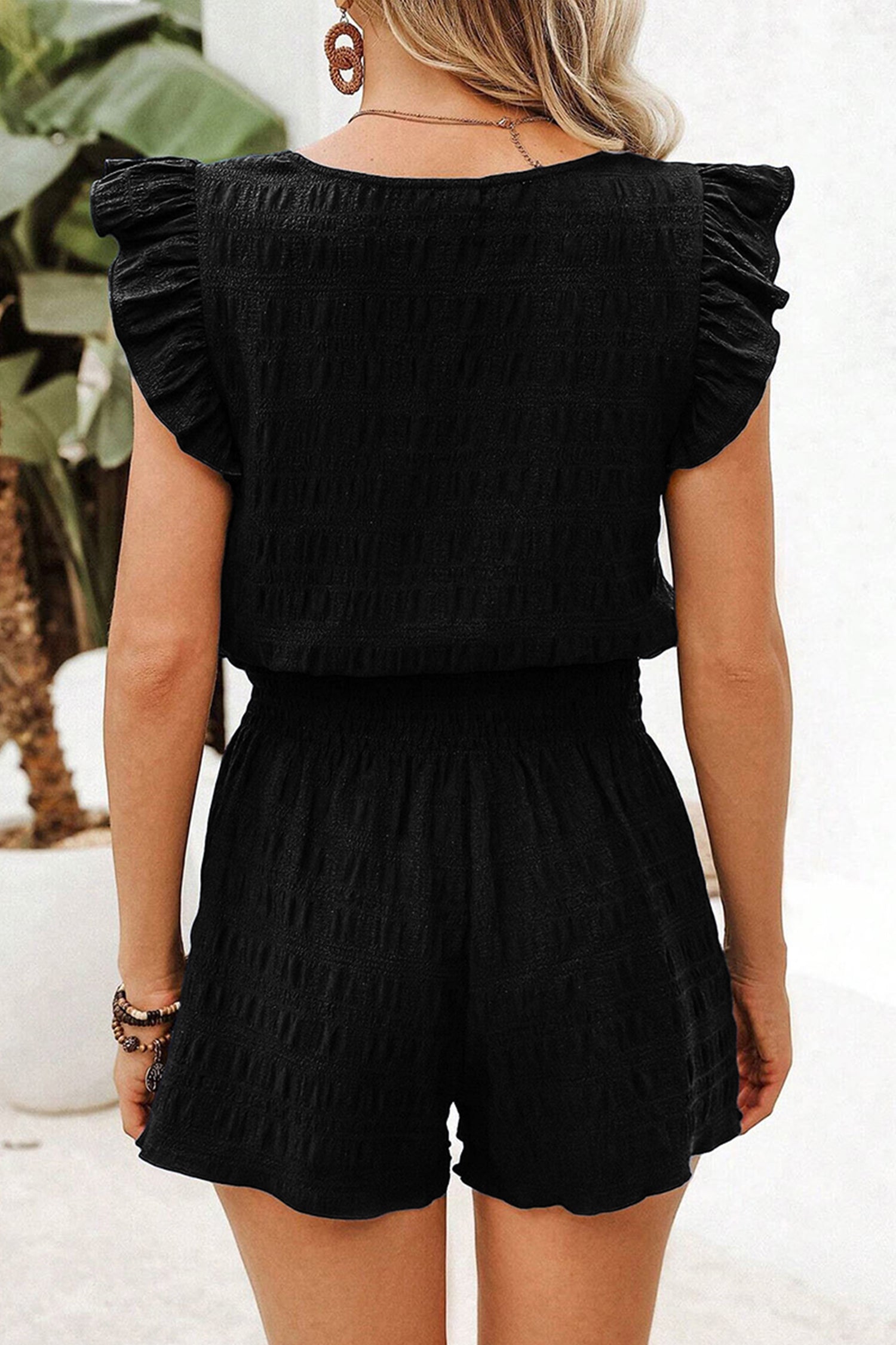 Black Textured Square Neck Top and Shirred High Waist Shorts Set-Two Piece Sets/Short Sets-[Adult]-[Female]-2022 Online Blue Zone Planet