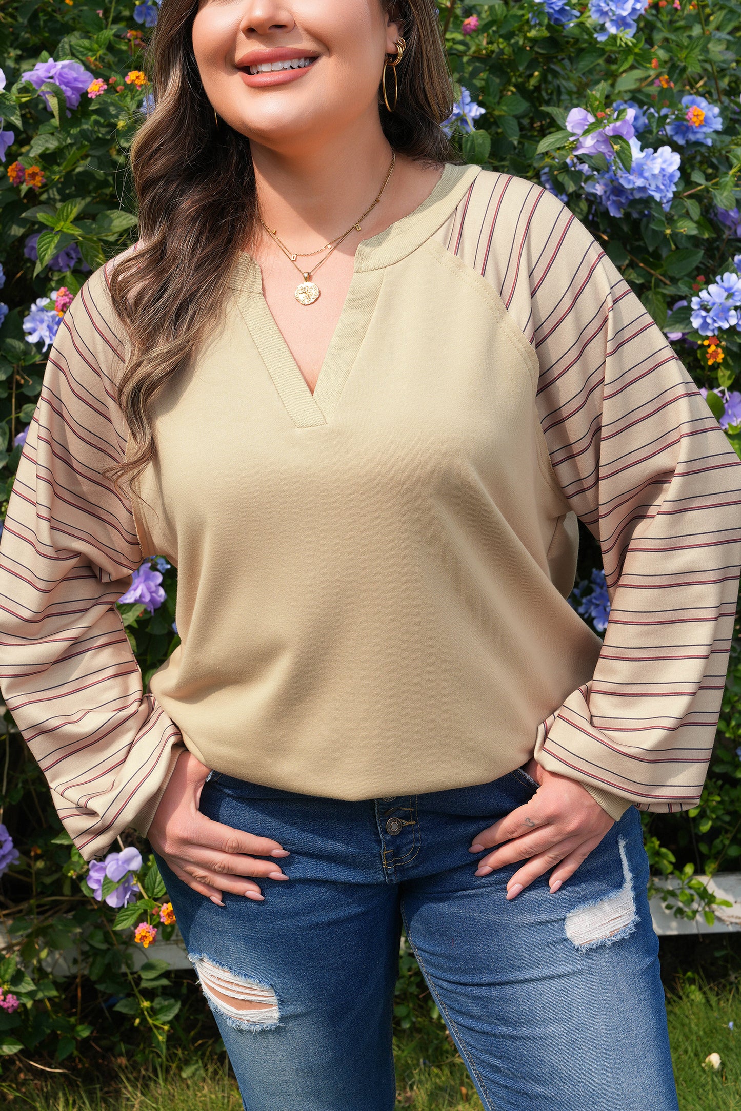 Parchment Striped Raglan Sleeve Notched Neck Raw Edge Plus Size Jumper-Plus Size/Plus Size Tops/Plus Size Long Sleeve Tops-[Adult]-[Female]-2022 Online Blue Zone Planet