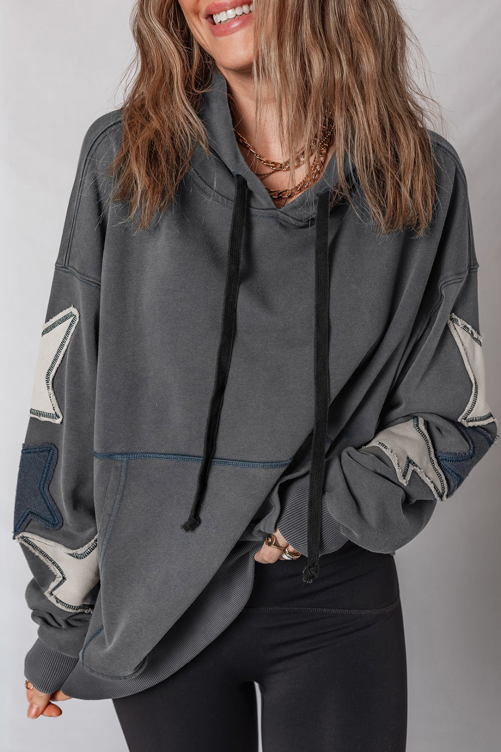 Carbon Grey Star Patchwork Contrast Stitching Mineral Wash Kangaroo Pocket Vintage Hoodie-Tops / Dresses-[Adult]-[Female]-2022 Online Blue Zone Planet