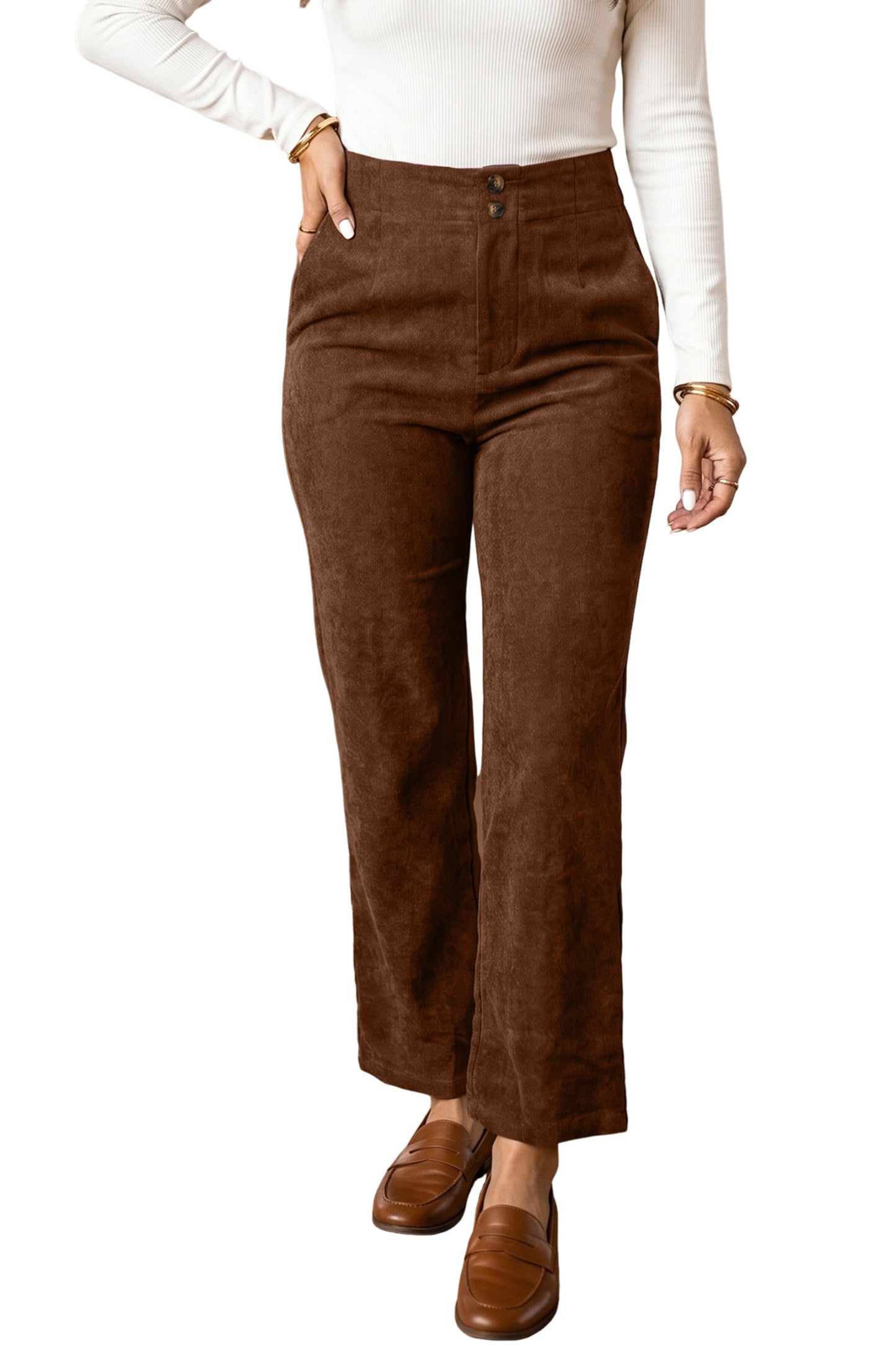 Coffee Elastic Waist Straight Leg Ankle Length Corduroy Pants