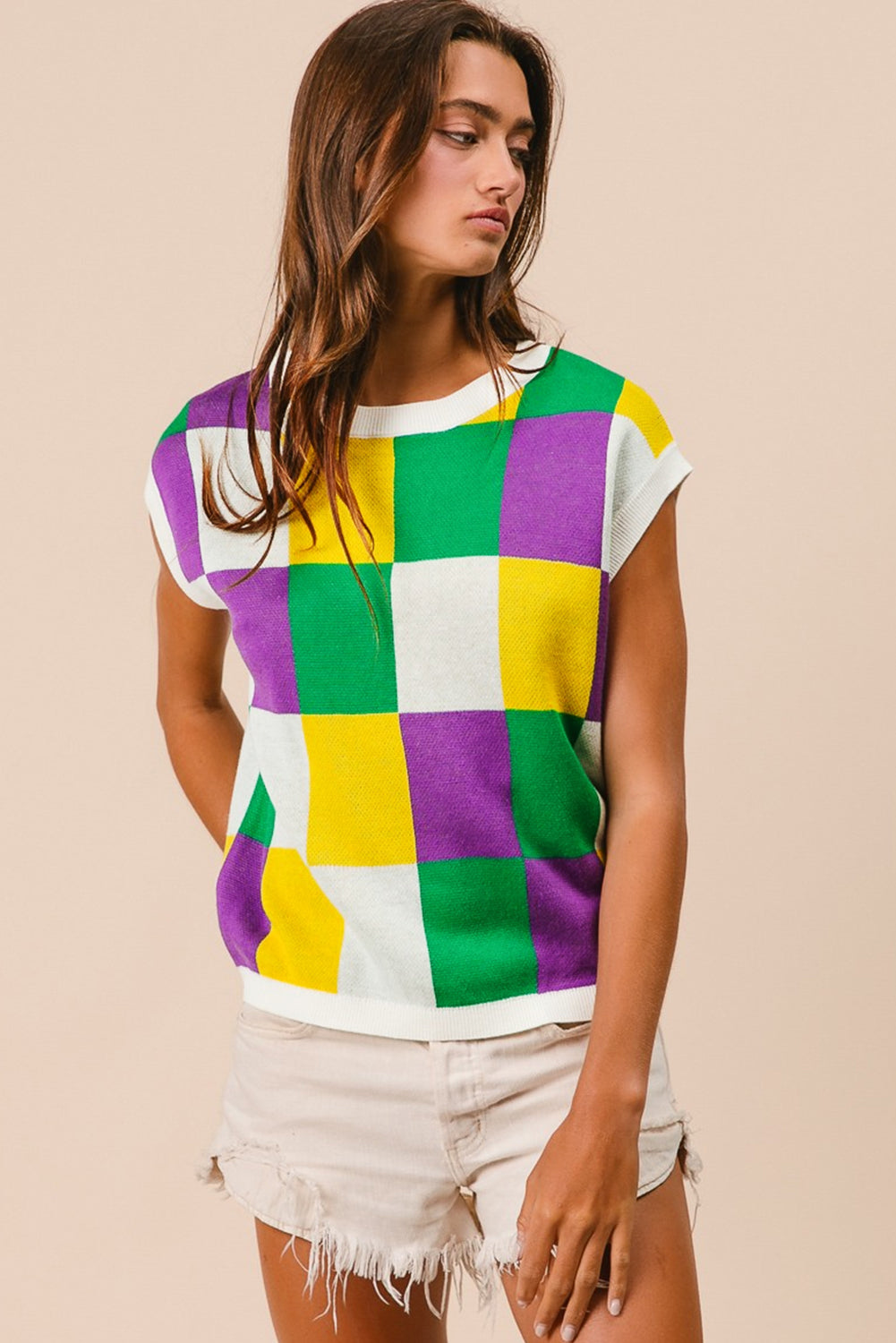 Tillandsia Purple Checkered Color Block Cap Sleeve Mardi Gras Knitted Top-Knit Tops-[Adult]-[Female]-2022 Online Blue Zone Planet