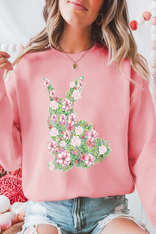 Pink Floral Bunny Printed Crewneck Easter Fashion Sweatshirt-Graphic/Graphic Sweatshirts-[Adult]-[Female]-Pink-S-2022 Online Blue Zone Planet