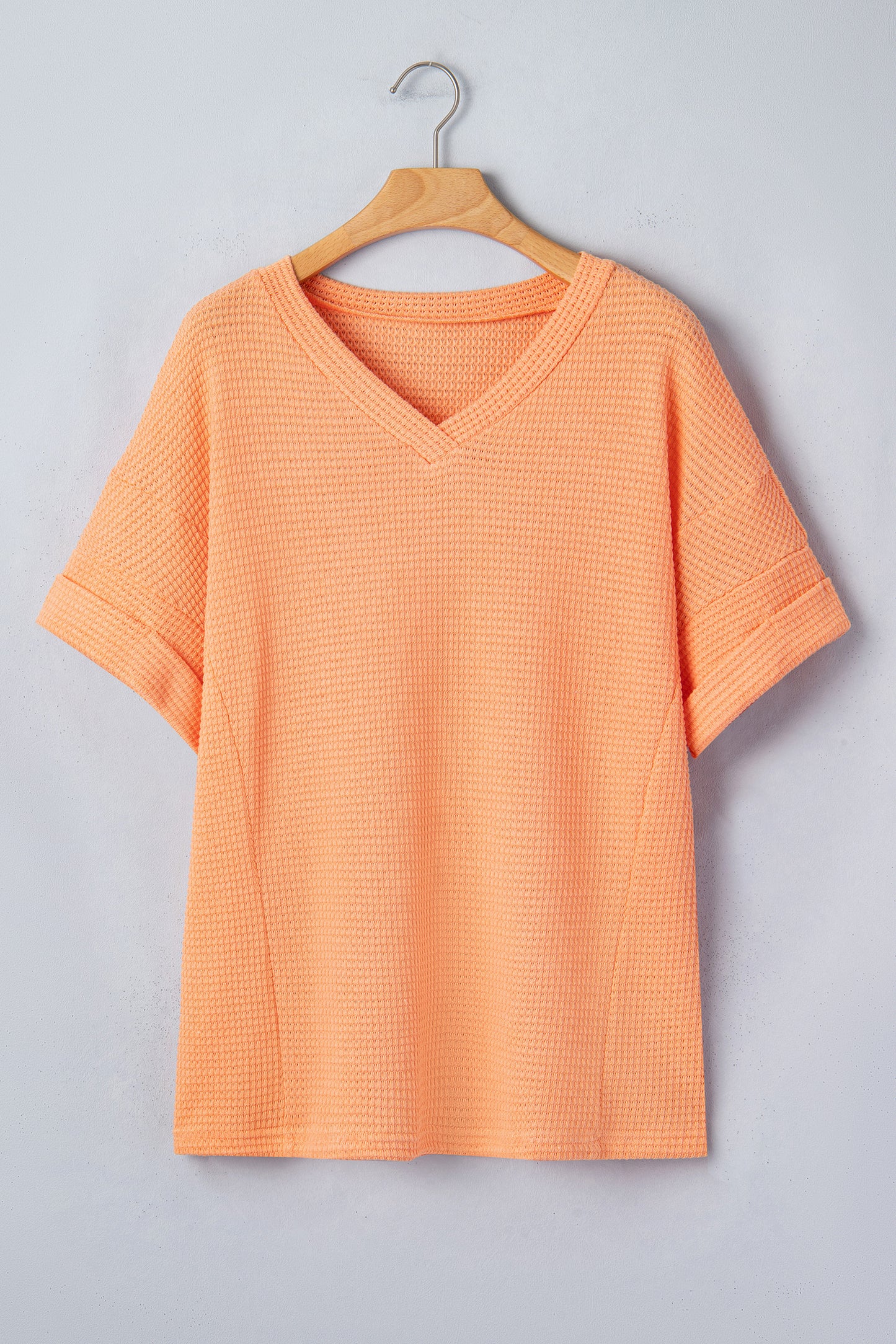 Grapefruit Orange Waffle V Neck Short Sleeve Knit Top-Tops/Tops & Tees-[Adult]-[Female]-2022 Online Blue Zone Planet