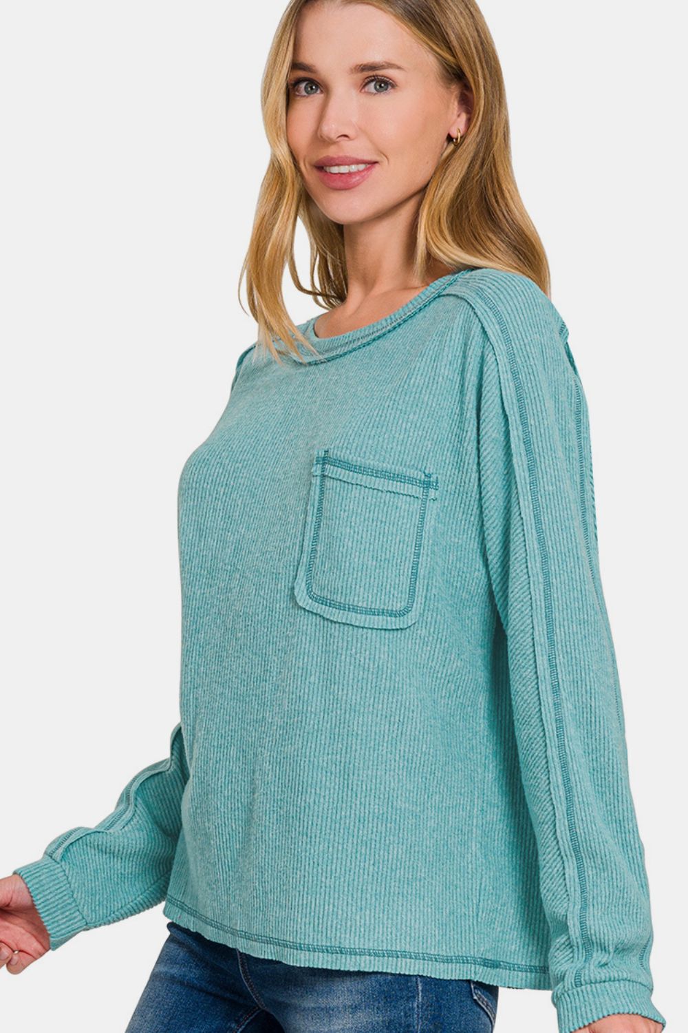 Zenana Full Size Contrast Stitching Brushed Ribbed Hacci Knit Top Plu Size-TOPS / DRESSES-[Adult]-[Female]-2022 Online Blue Zone Planet