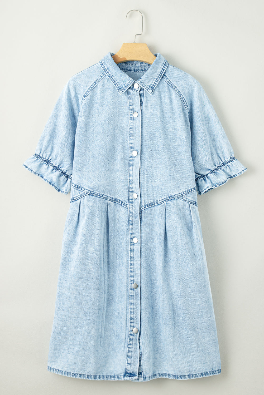 Blue Zone Planet |  Beau Blue Mineral Wash Ruffled Short Sleeve Buttoned Denim Dress Blue Zone Planet