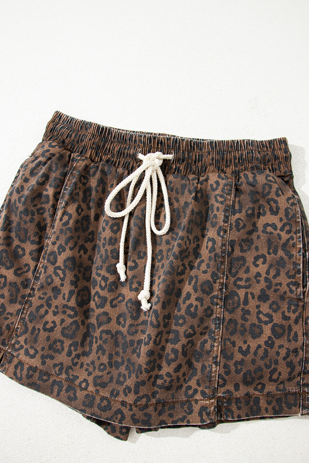 Brown Leopard Print Elastic Waist Drawstring Denim Skort-Bottoms/Denim Shorts-[Adult]-[Female]-2022 Online Blue Zone Planet