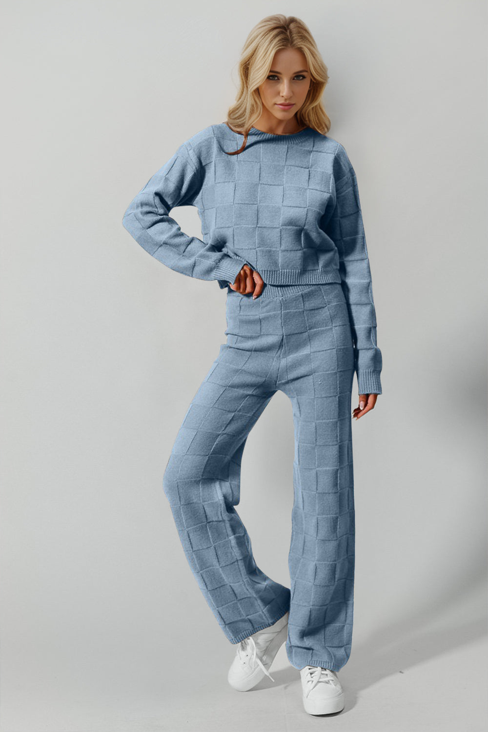 Blue Zone Planet | Double Take Full Size Checkered Round Neck Top and Pants Set-TOPS / DRESSES-[Adult]-[Female]-Light Blue-S/M-2022 Online Blue Zone Planet