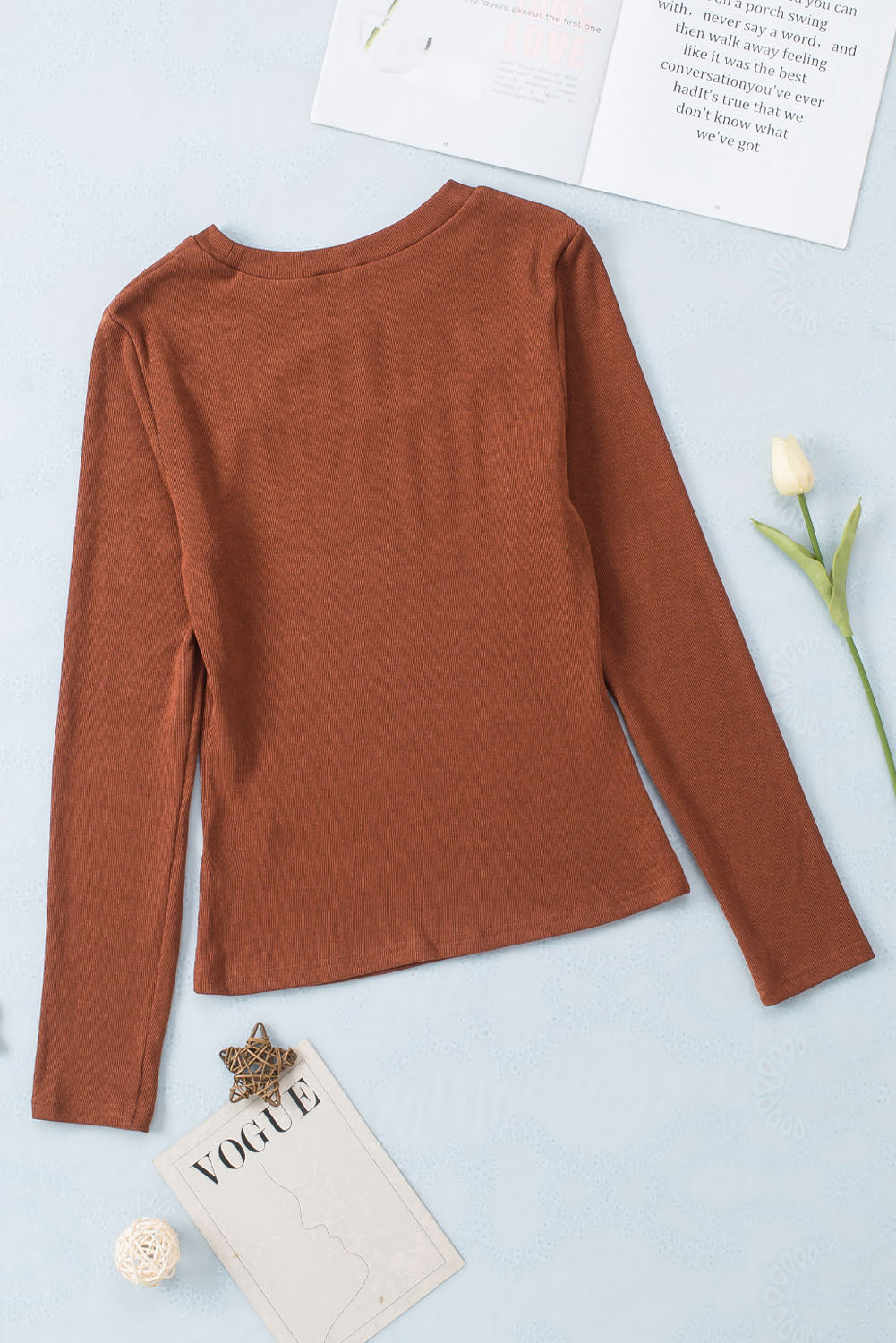 Brown Ribbed Peekaboo Cutout Long Sleeve Top-Tops/Long Sleeve Tops-[Adult]-[Female]-2022 Online Blue Zone Planet