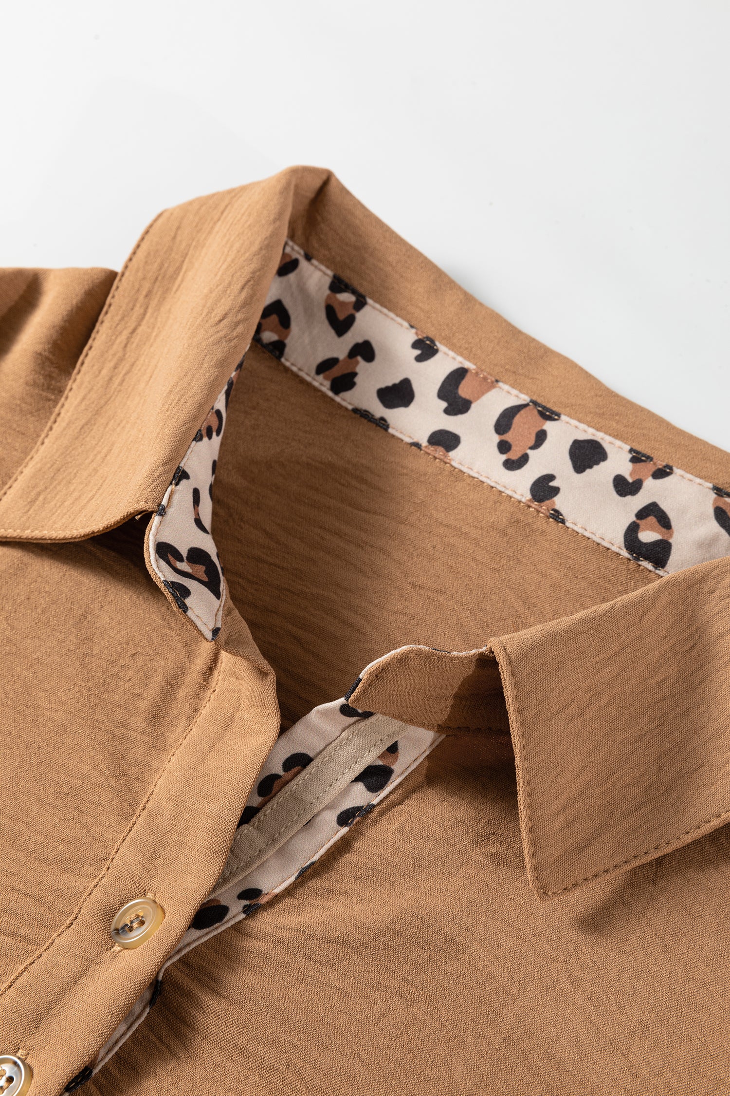 Camel Contrast Leopard Print Patchwork Polo Collar Buttons Front Ruffled Long Sleeve Blouse-Tops/Blouses & Shirts-[Adult]-[Female]-2022 Online Blue Zone Planet