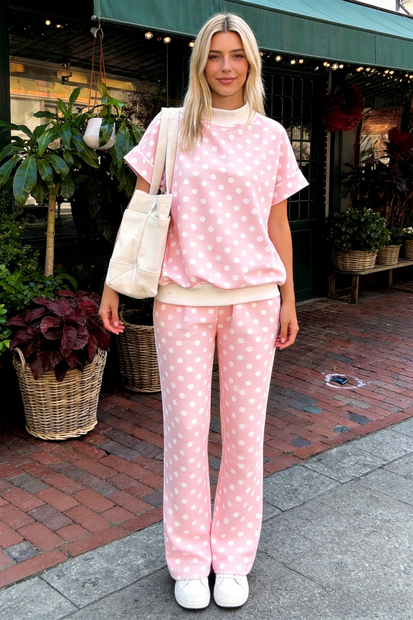 Pink Polka Dot Print Mock Neck Short Sleeve Top Shift Pant Set-Two Piece Sets/Pant Sets-[Adult]-[Female]-2022 Online Blue Zone Planet