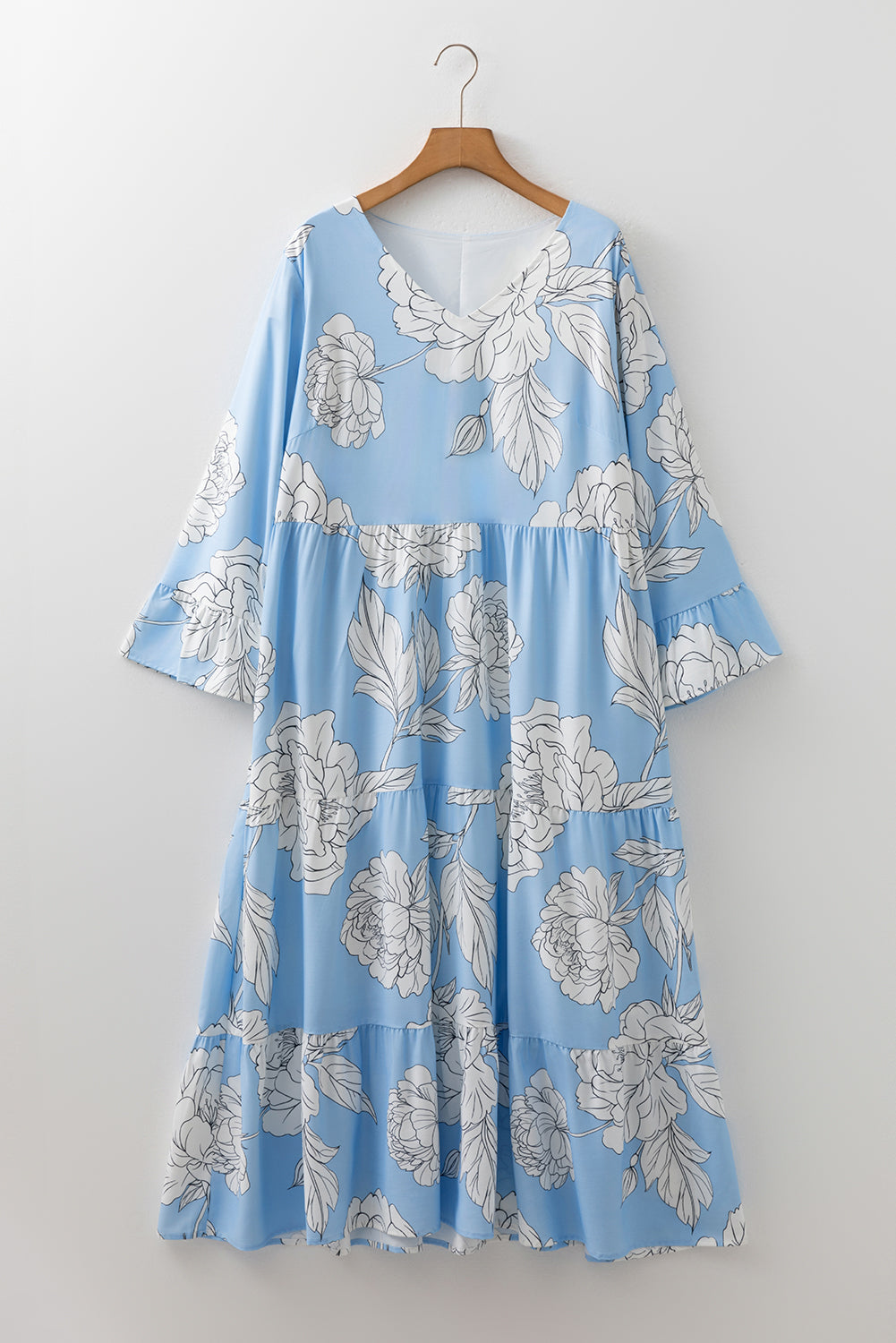 Sky Blue Floral Bracelet Sleeve V Neck Plus Size Tiered Maxi Dress-Bracelet-[Adult]-[Female]-2022 Online Blue Zone Planet