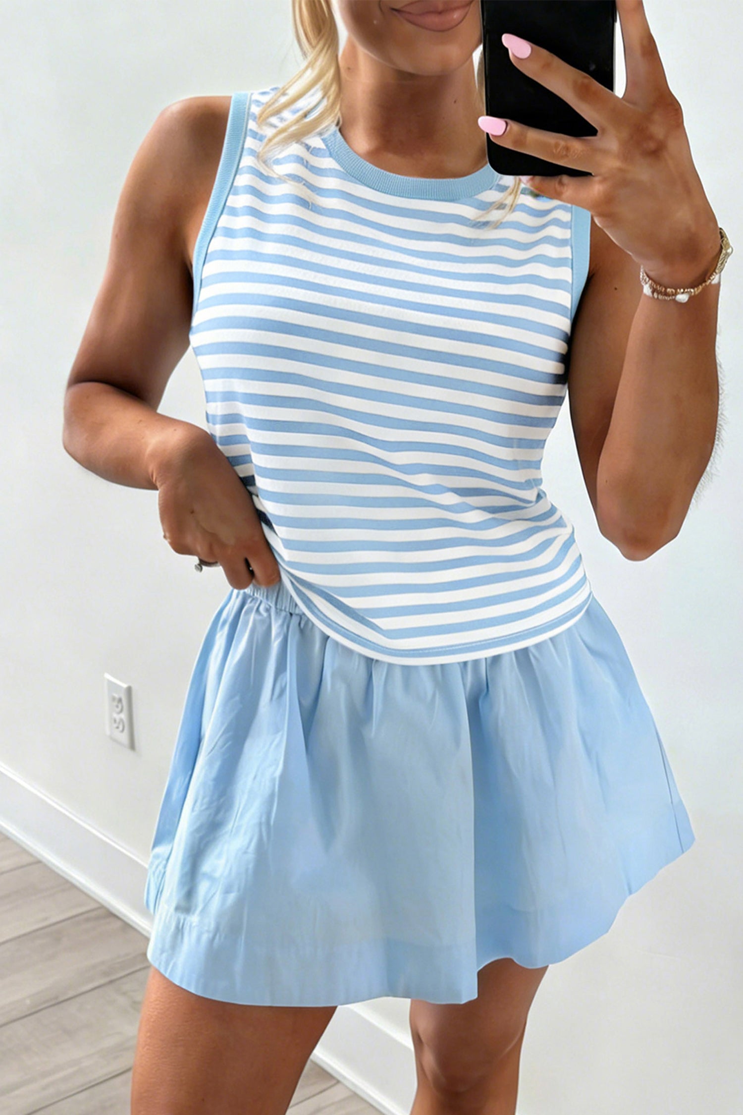 Sky Blue Stripe Slim Tank Contrast Ruffle Mini Skirt Set-Two Piece Sets/Two Piece Dresses-[Adult]-[Female]-2022 Online Blue Zone Planet