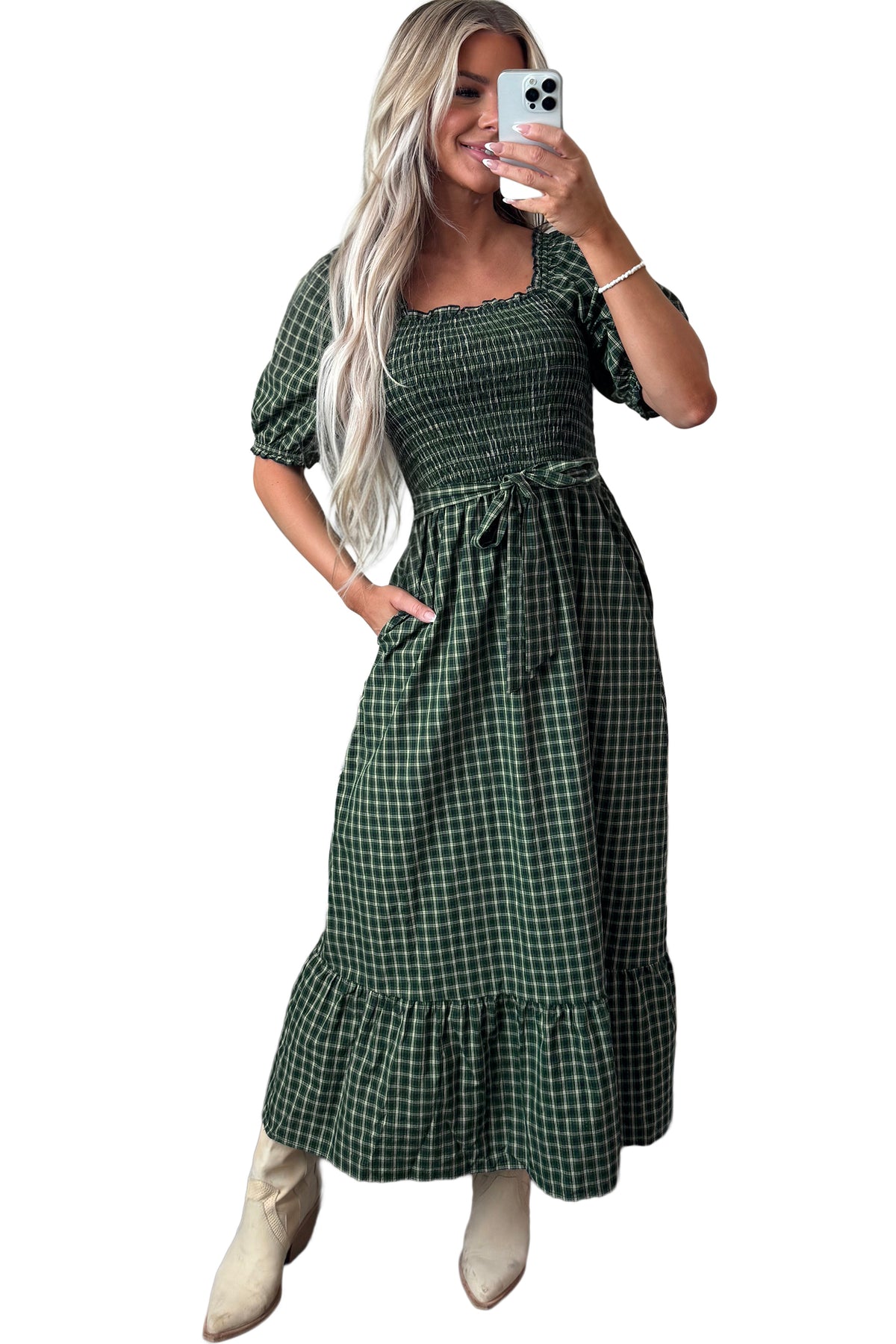 Green Plaid Square Neck Shirred High Waist Ruffle Hem Dress-TOPS / DRESSES-[Adult]-[Female]-2022 Online Blue Zone Planet