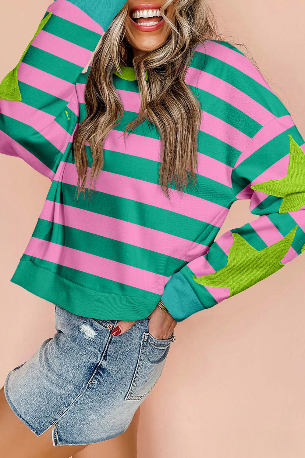 Pink Stripe Star Patchwork Round Neck Pullover Sweatshirt-Tops/Sweatshirts & Hoodies-[Adult]-[Female]-Pink Stripe-S-2022 Online Blue Zone Planet