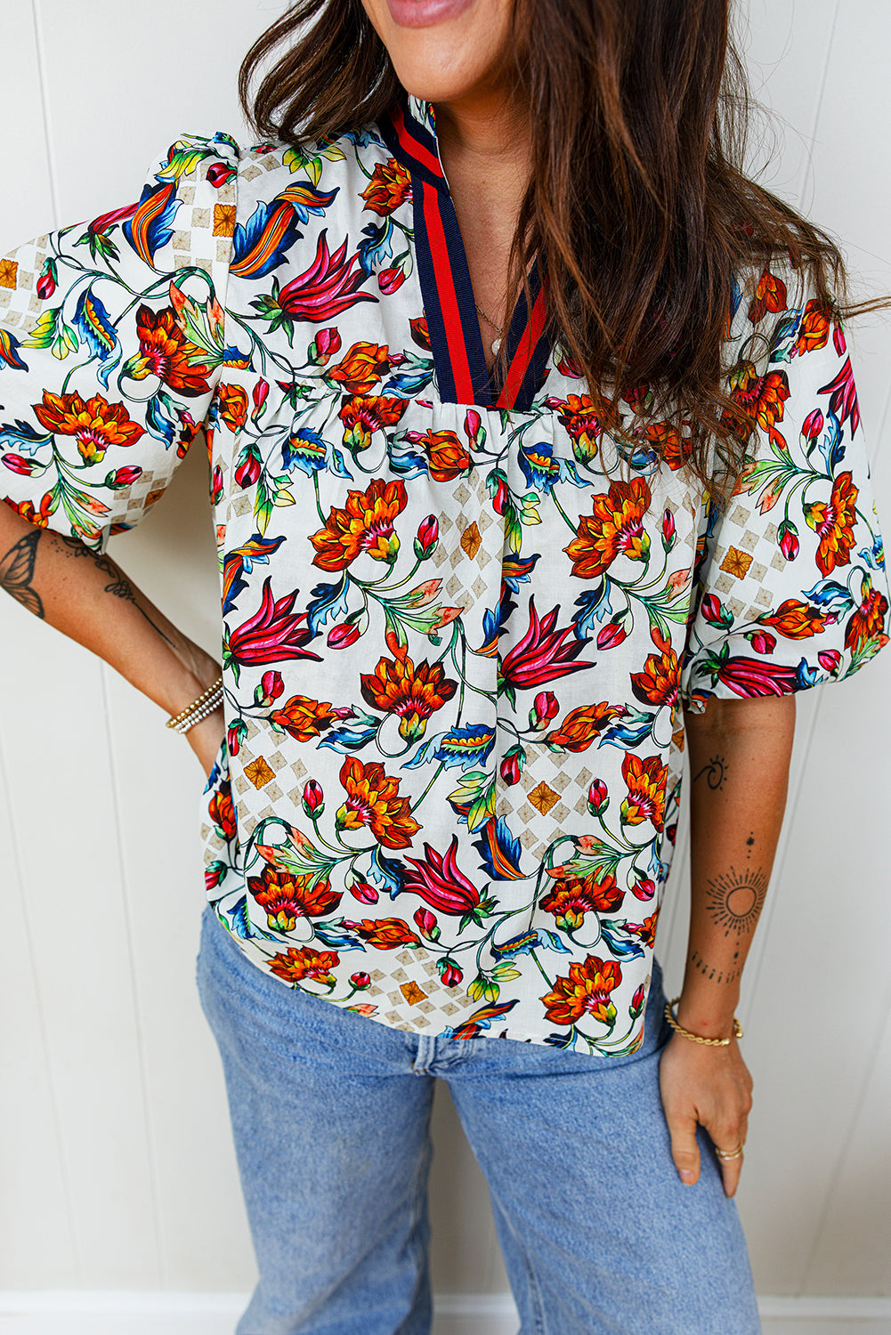 Multicolour Contrasted V Neckline Floral Puff Short Sleeve Blouse-Tops/Blouses & Shirts-[Adult]-[Female]-2022 Online Blue Zone Planet