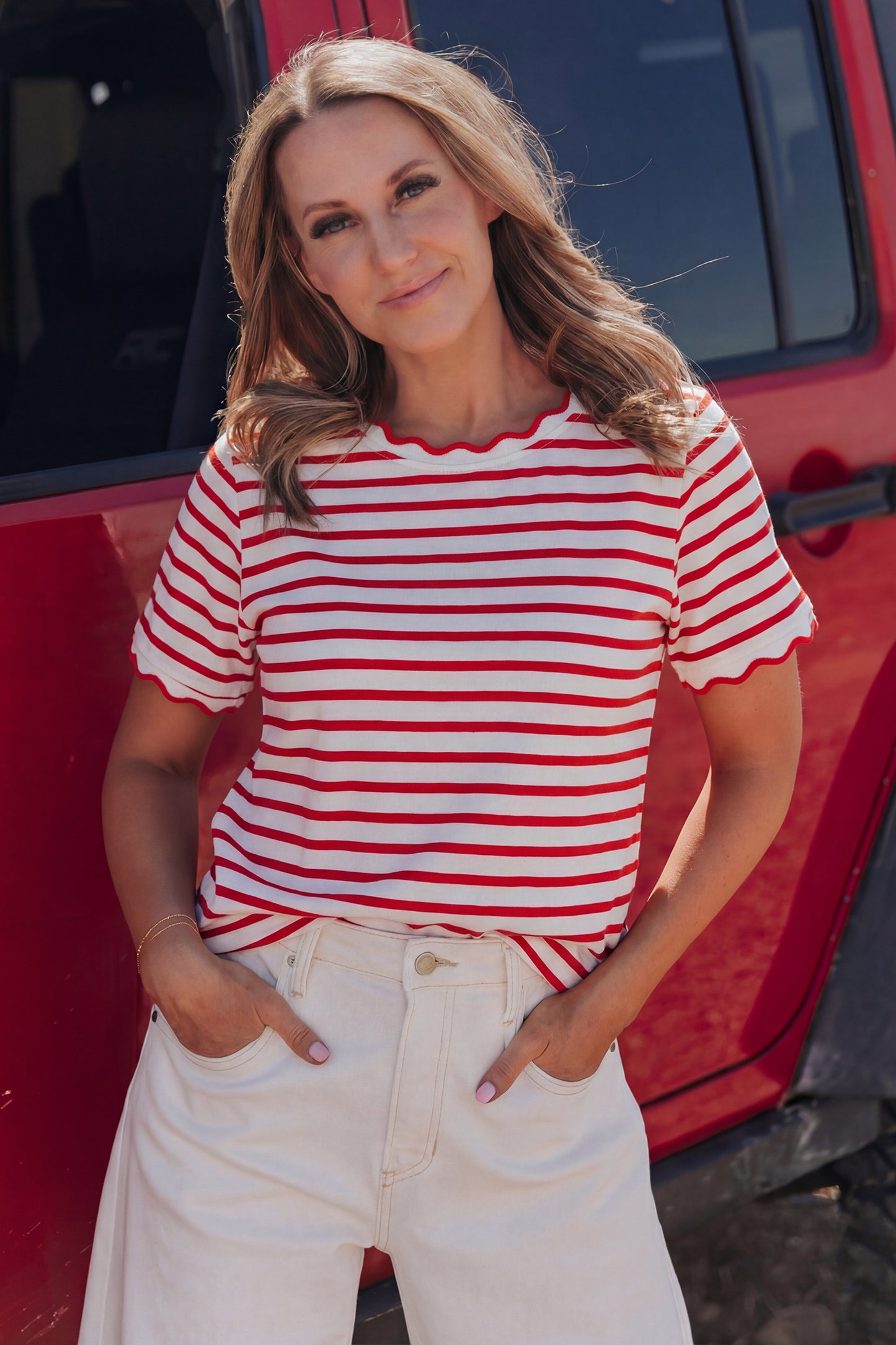 Red Stripe Scalloped Trim Round Neck T Shirt-Tops/Tops & Tees-[Adult]-[Female]-2022 Online Blue Zone Planet