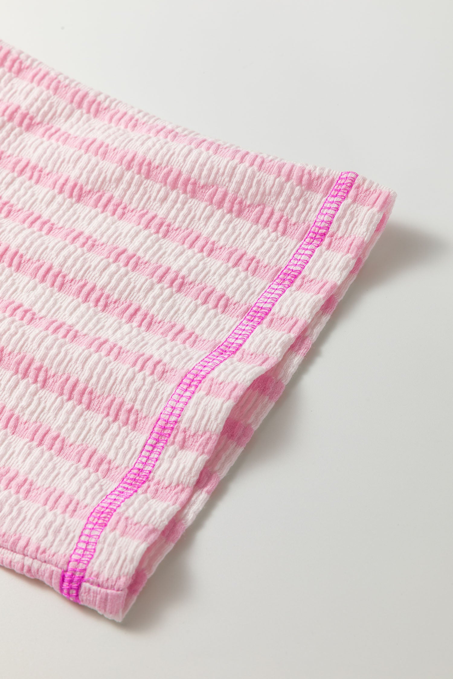 Pink Stripe Textured Knit Split Hem Half Sleeve Loose Top-Tops/Tops & Tees-[Adult]-[Female]-2022 Online Blue Zone Planet