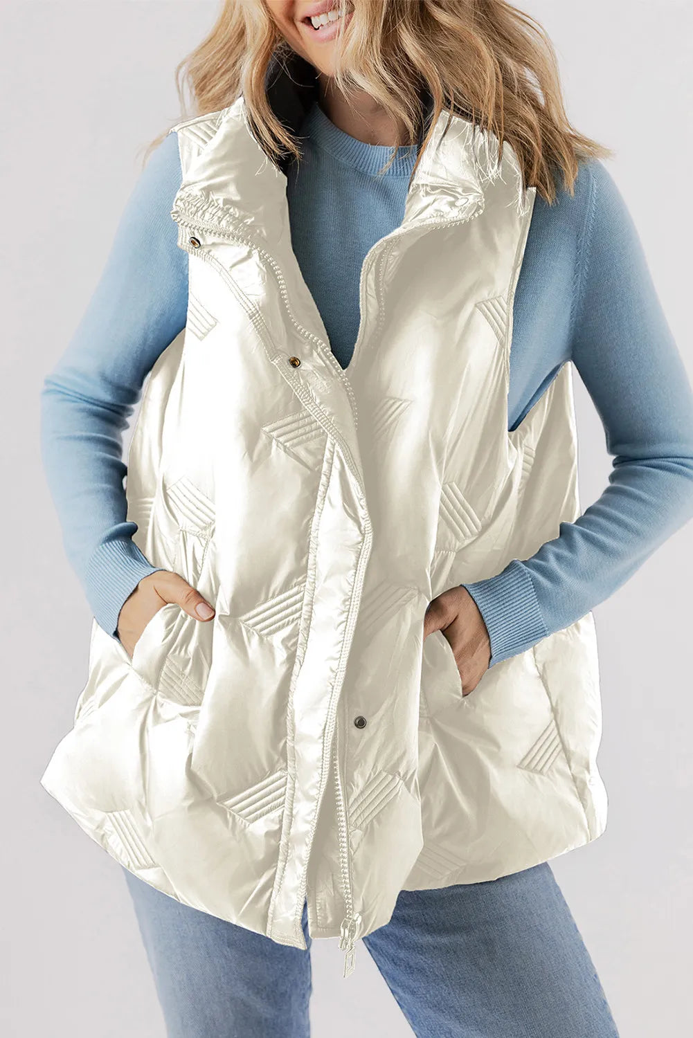 Pocketed Textured Zip Up Vest Coat-TOPS / DRESSES-[Adult]-[Female]-White-S-2022 Online Blue Zone Planet