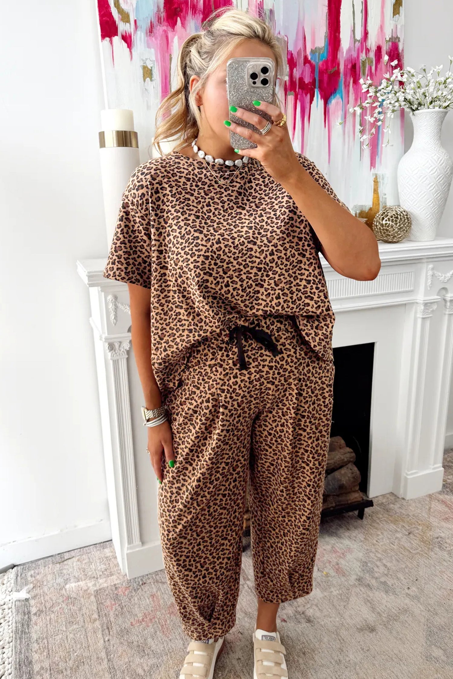 Brown Leopard Loose Tee Drawstring Waist Barrel Pants Set-Two Piece Sets/Pant Sets-[Adult]-[Female]-2022 Online Blue Zone Planet