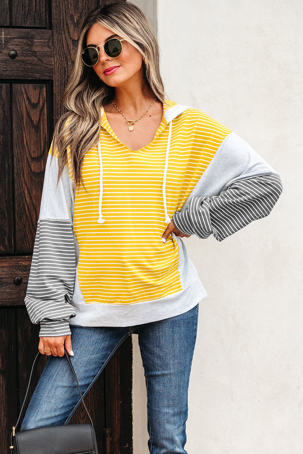 Yellow Stripe Color Block Drawstring V Neck Loose Fit Hooded Top-Tops/Sweatshirts & Hoodies-[Adult]-[Female]-2022 Online Blue Zone Planet