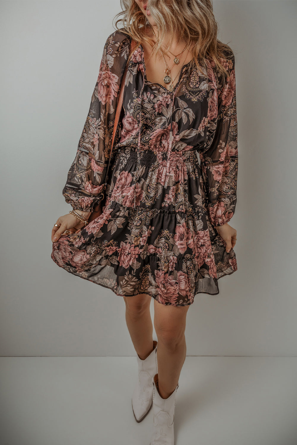 Black Vintage Floral Puff Sleeve V Neck Smock Waist Dress-Dresses/Floral Dresses-[Adult]-[Female]-2022 Online Blue Zone Planet