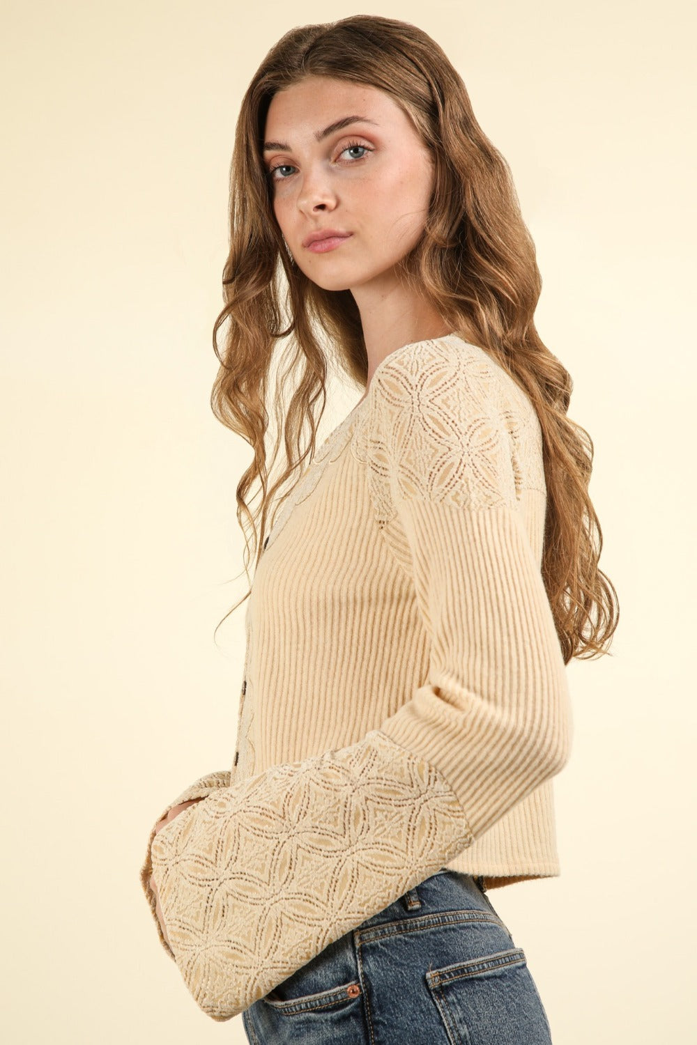 VERY J V-Neck Lace Detail Button Down Crop Ribbed Knit Top-TOPS / DRESSES-[Adult]-[Female]-2022 Online Blue Zone Planet