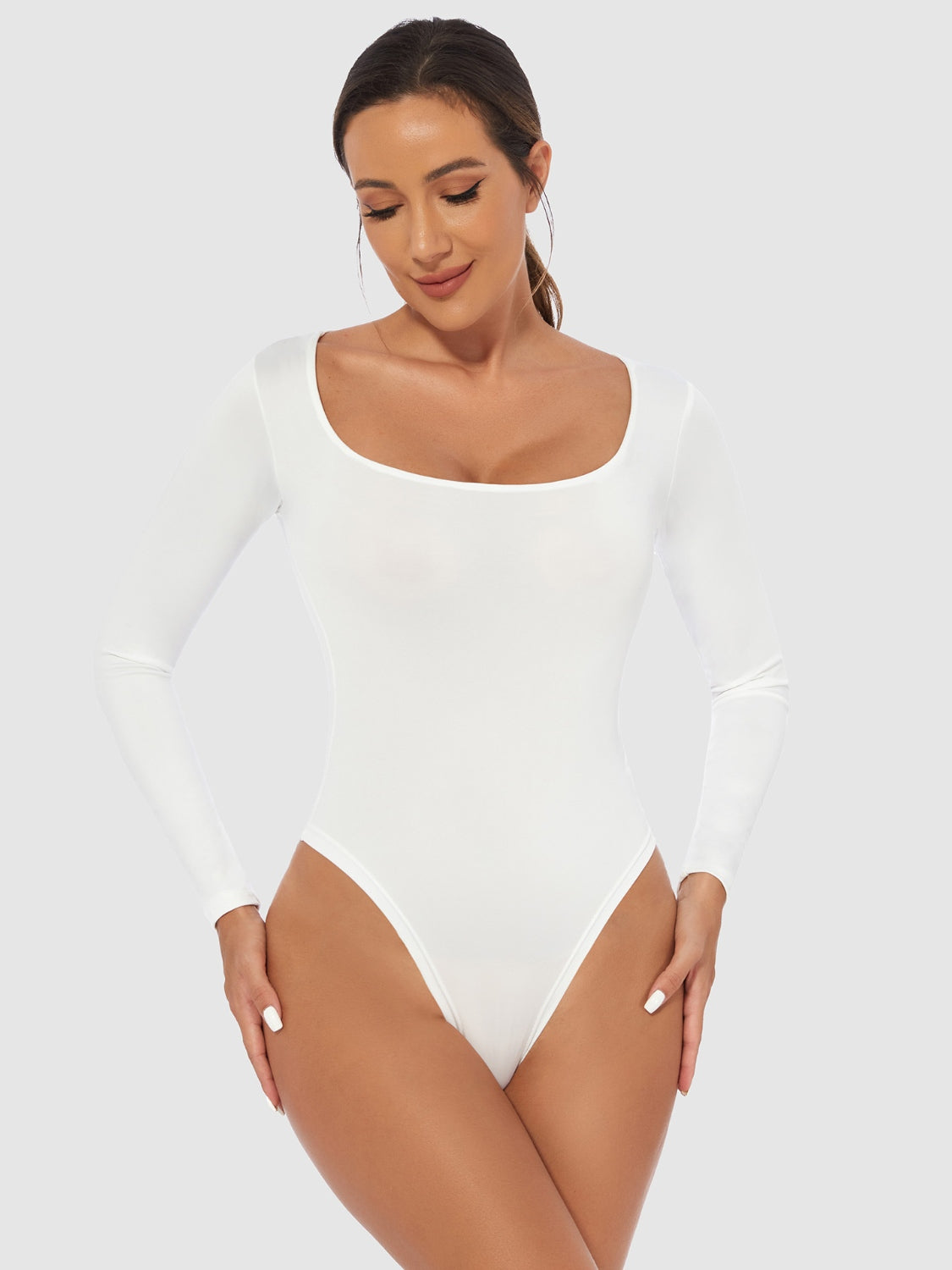 Full Size Scoop Neck Long Sleeve Bodysuit-TOPS / DRESSES-[Adult]-[Female]-White-S-2022 Online Blue Zone Planet