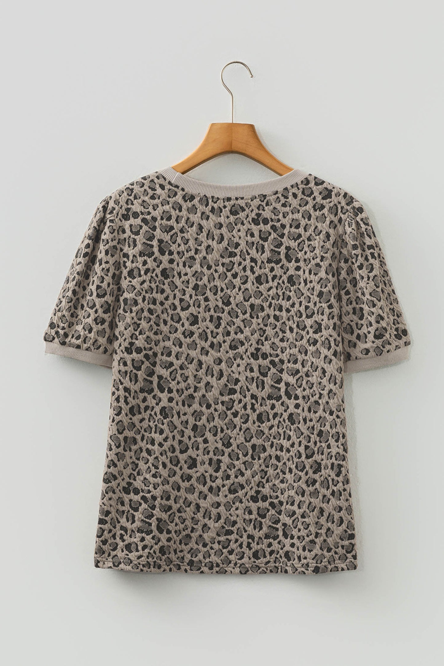 Khaki Textured Leopard Print Crew Neck Short Sleeve Top-Tops/Tops & Tees-[Adult]-[Female]-2022 Online Blue Zone Planet