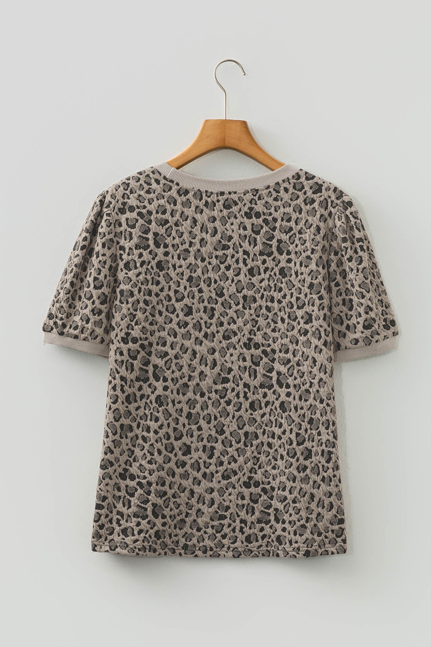 Khaki Textured Leopard Print Crew Neck Short Sleeve Top-Tops/Tops & Tees-[Adult]-[Female]-2022 Online Blue Zone Planet