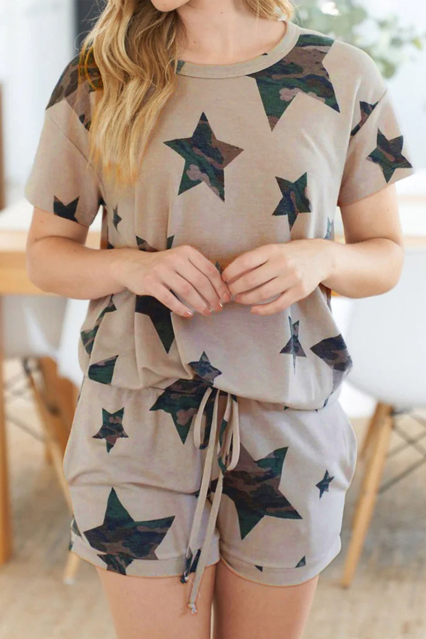 Khaki Camo Star Print Short Lounge Set-Loungewear & Sleepwear/Loungewear-[Adult]-[Female]-2022 Online Blue Zone Planet