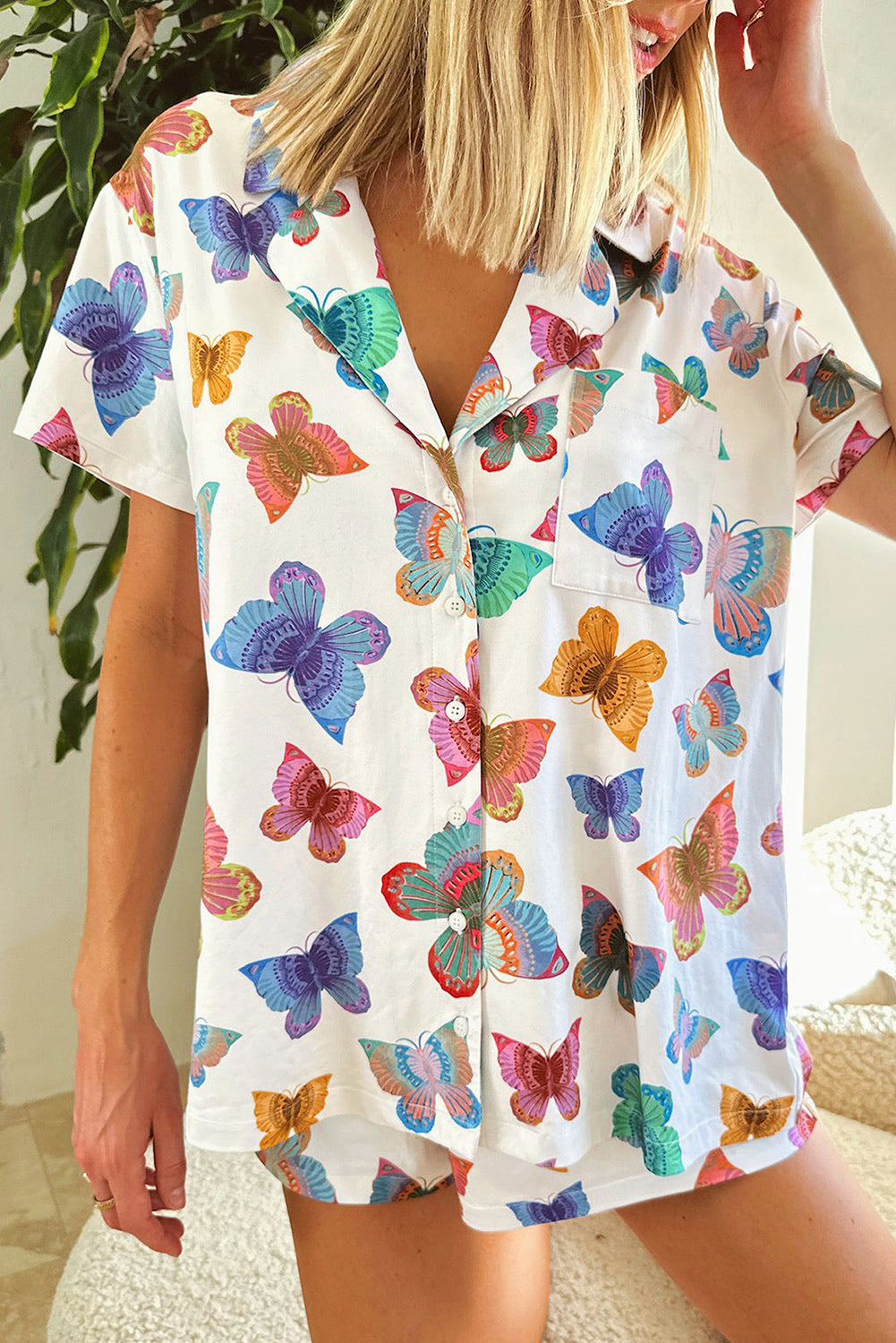 Multicolour Butterfly Pattern Short Sleeve Shirt Pajamas Set-Loungewear & Sleepwear/Sleepwear-[Adult]-[Female]-2022 Online Blue Zone Planet