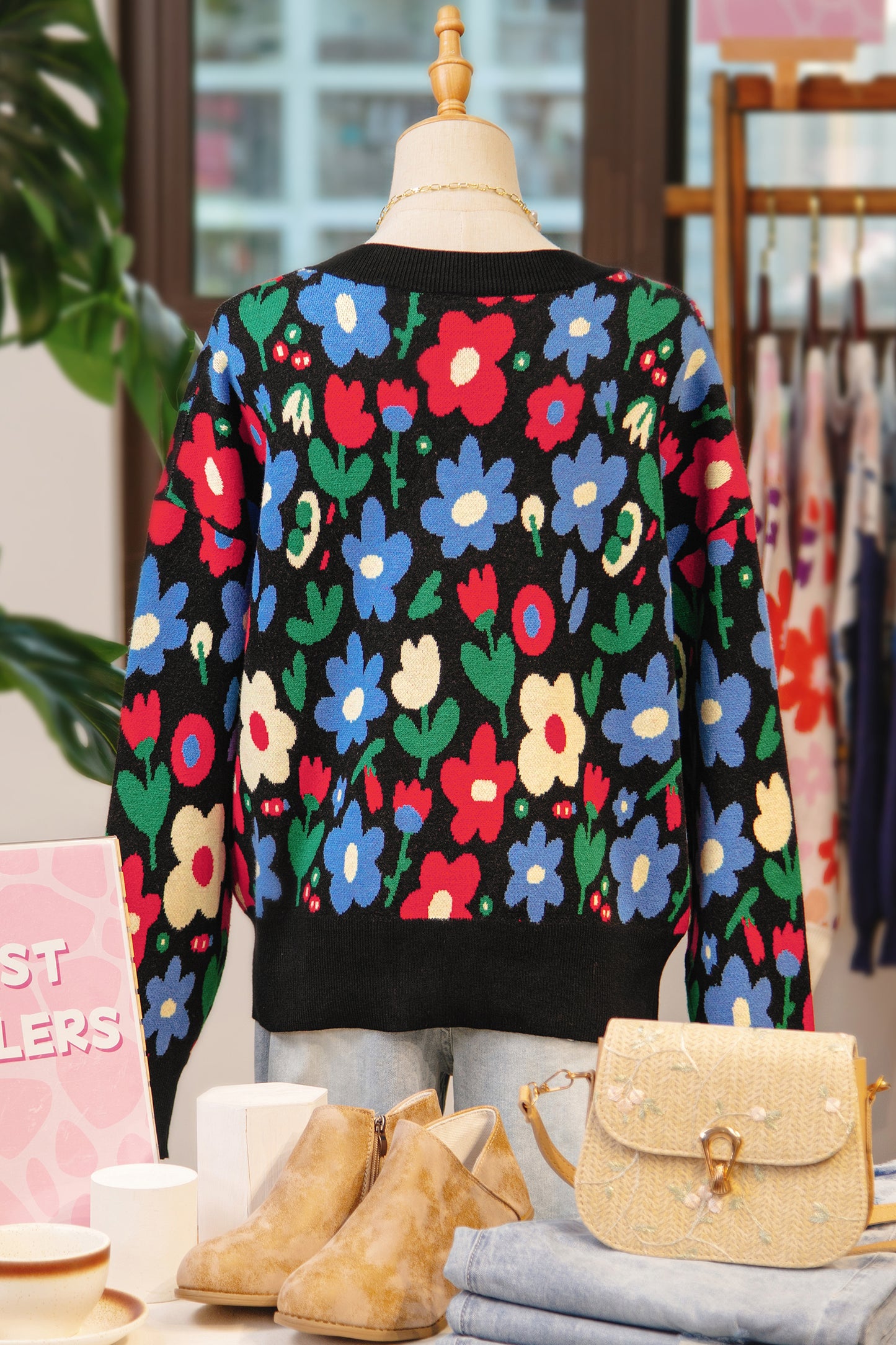 Black Floral Print V Neck Buttoned Short Cardigan Sweater-TOPS / DRESSES-[Adult]-[Female]-2022 Online Blue Zone Planet