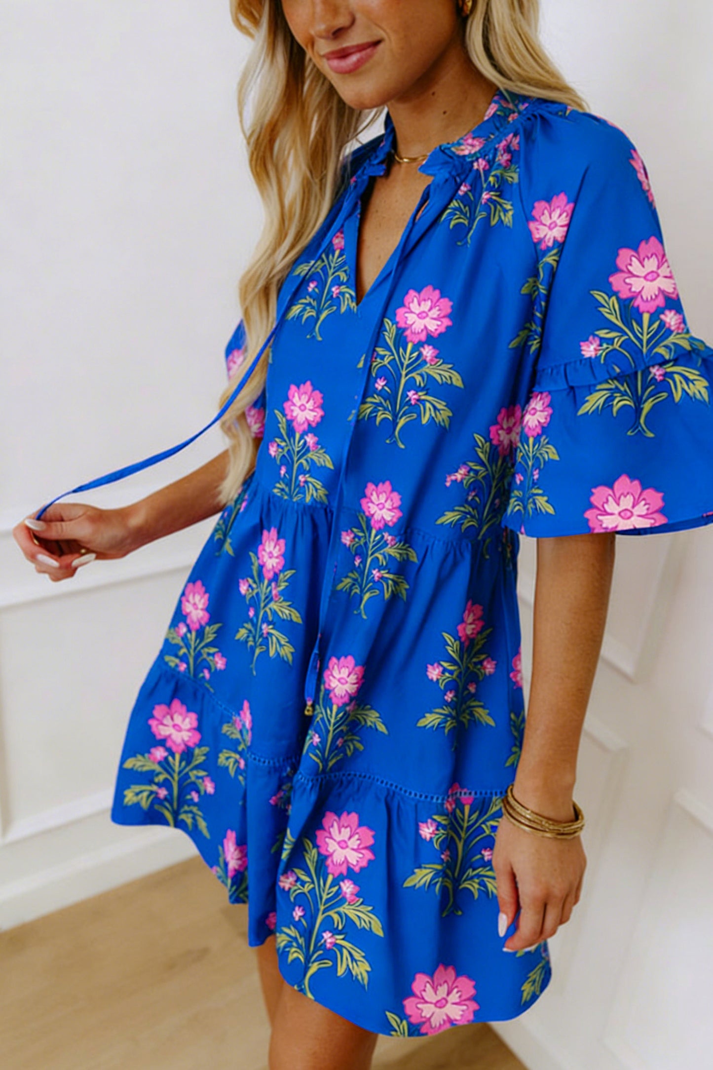 Blue V Neck Short Sleeve Loose Flower Dress-Dresses/Floral Dresses-[Adult]-[Female]-2022 Online Blue Zone Planet