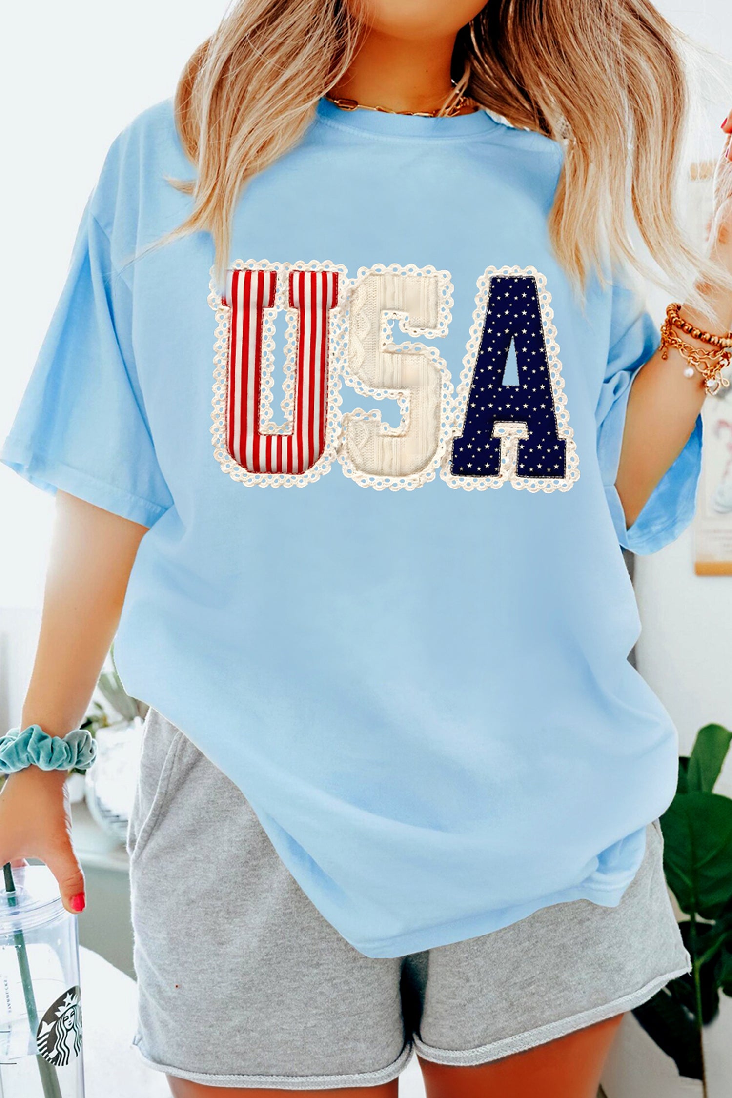 Light Blue Usa Patriotic Printed T Shirt-Graphic/Graphic Tees-[Adult]-[Female]-2022 Online Blue Zone Planet