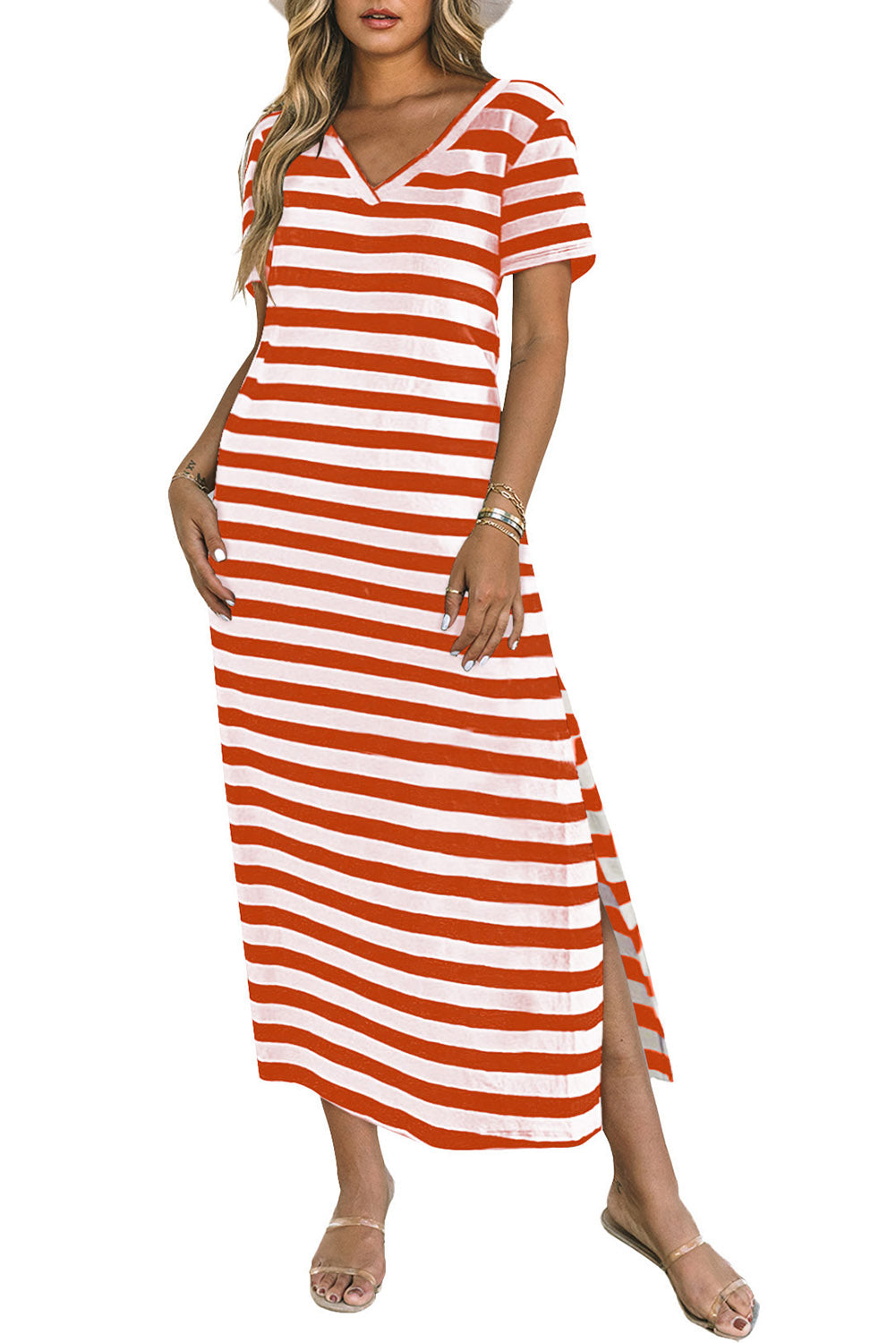Fiery Red Black Stripe Print V Neck Maxi Dress with Side Splits-Dresses/T Shirt Dresses-[Adult]-[Female]-2022 Online Blue Zone Planet