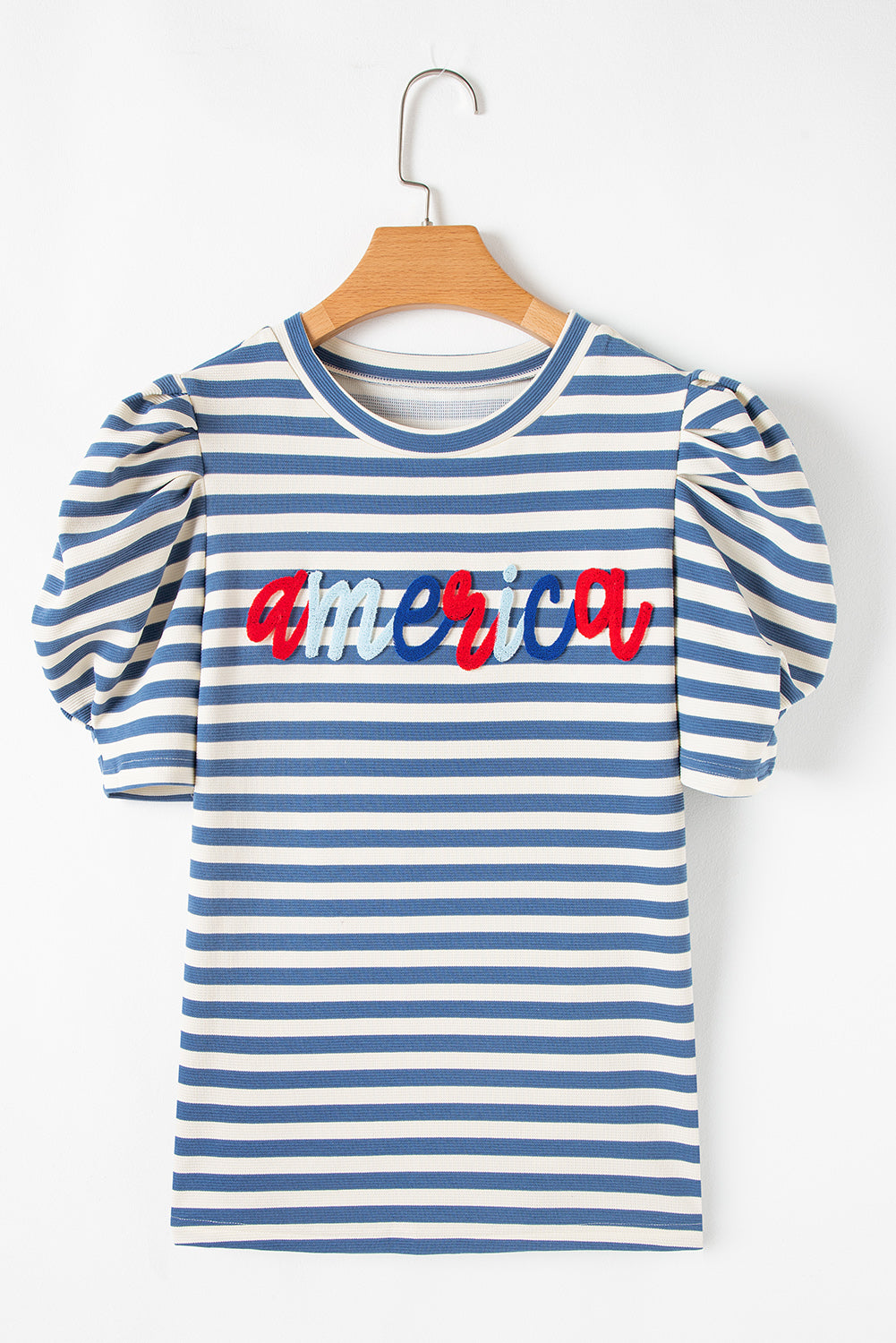 Blue Stripe America Cursive Graphic Puff Sleeve T-shirt