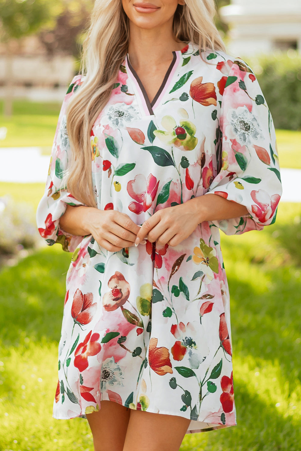 Red Floral Contrast Striped V Neck Puff Half Sleeve Shift Dress-TOPS / DRESSES-[Adult]-[Female]-2022 Online Blue Zone Planet