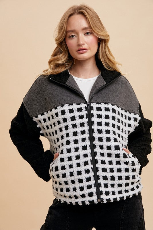 Annie Wear Plaid Zip Up Drop Shoulder Sherpa Jacket-TOPS / DRESSES-[Adult]-[Female]-2022 Online Blue Zone Planet