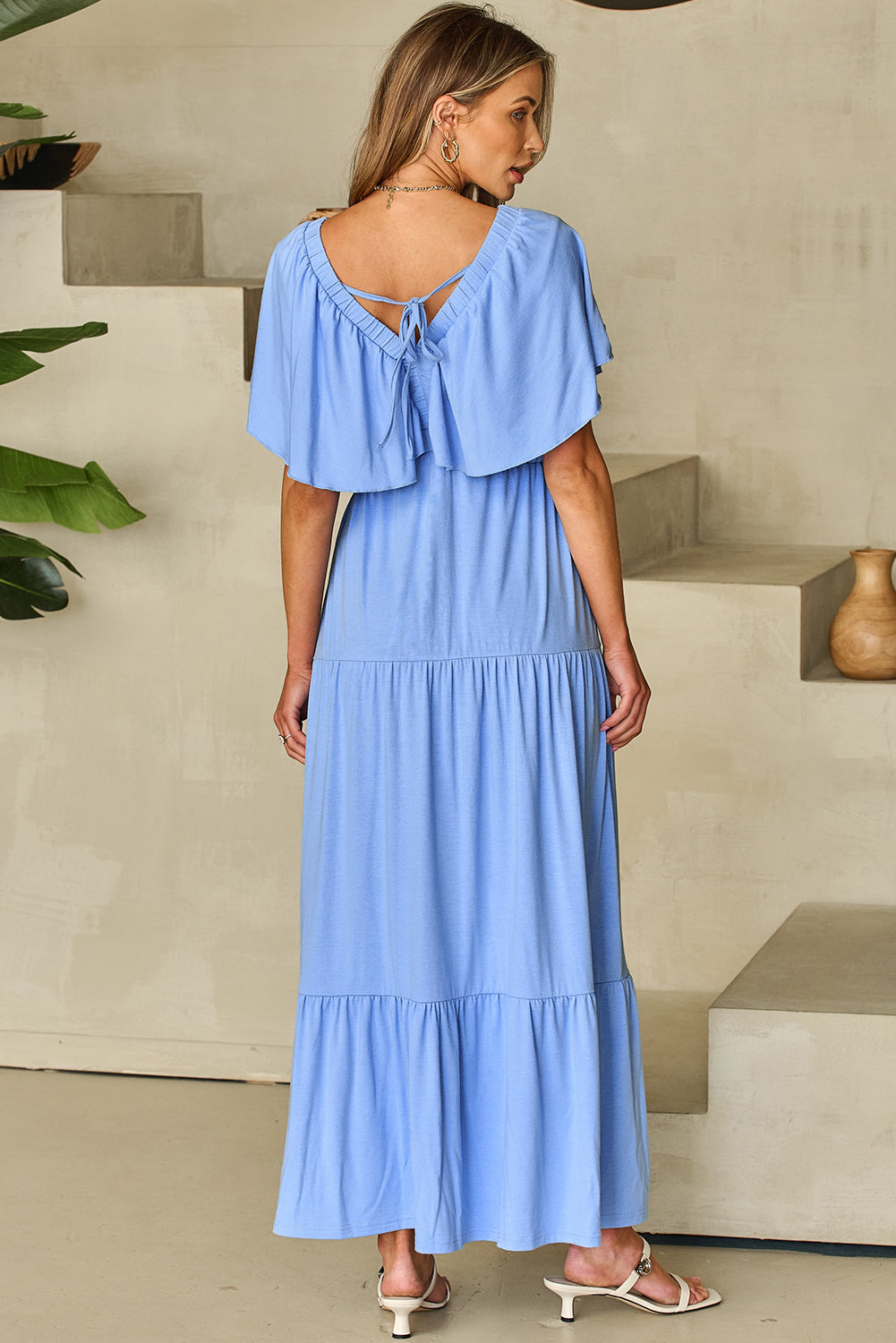 Sky Blue Textured V Neck Flutter Sleeve Ruffled Maxi Dress-TOPS / DRESSES-[Adult]-[Female]-2022 Online Blue Zone Planet