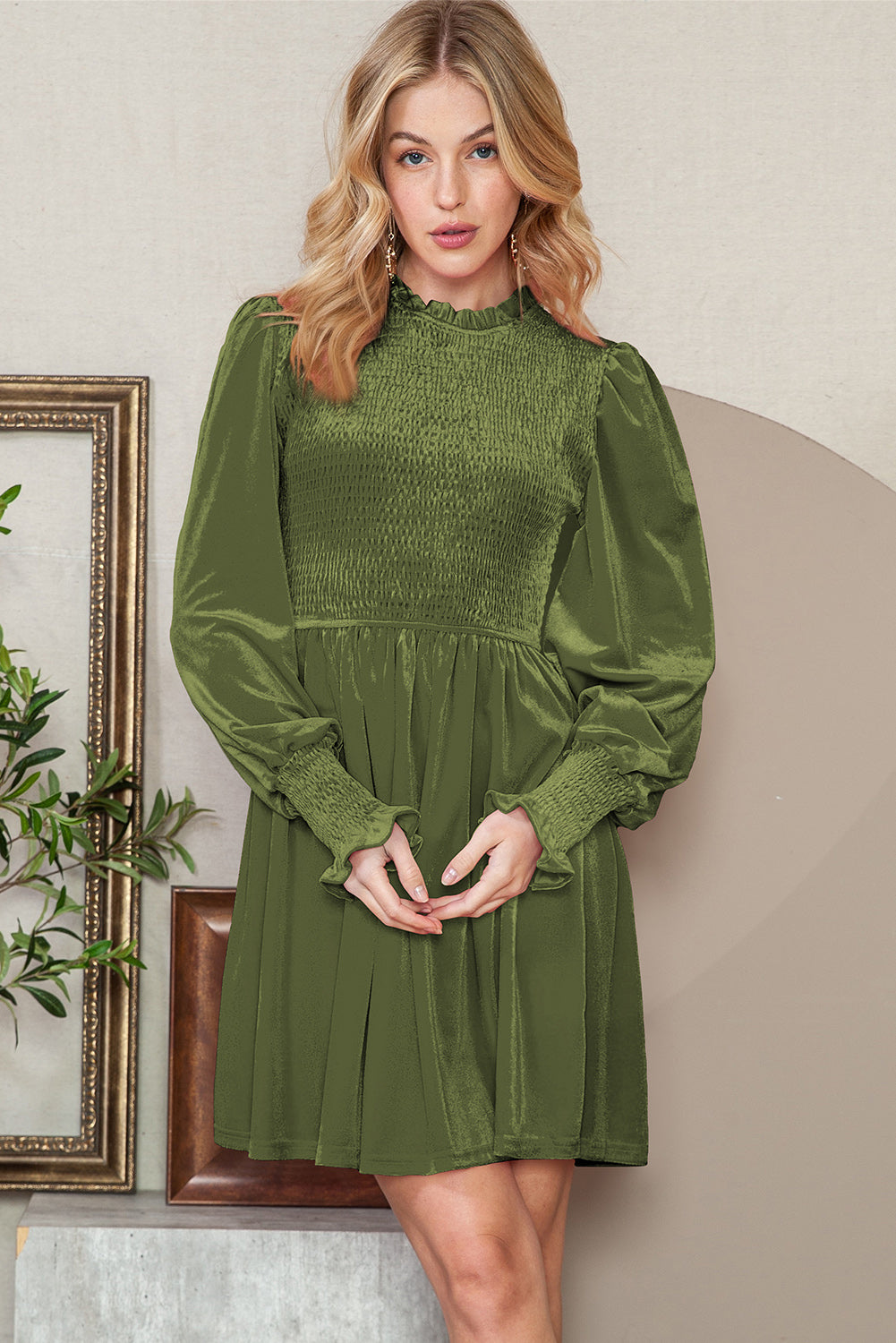 Blue Zone Planet | Red Smocked Lantern Sleeve Frilled Velvet Dress-TOPS / DRESSES-[Adult]-[Female]-Moss Green-S-2022 Online Blue Zone Planet