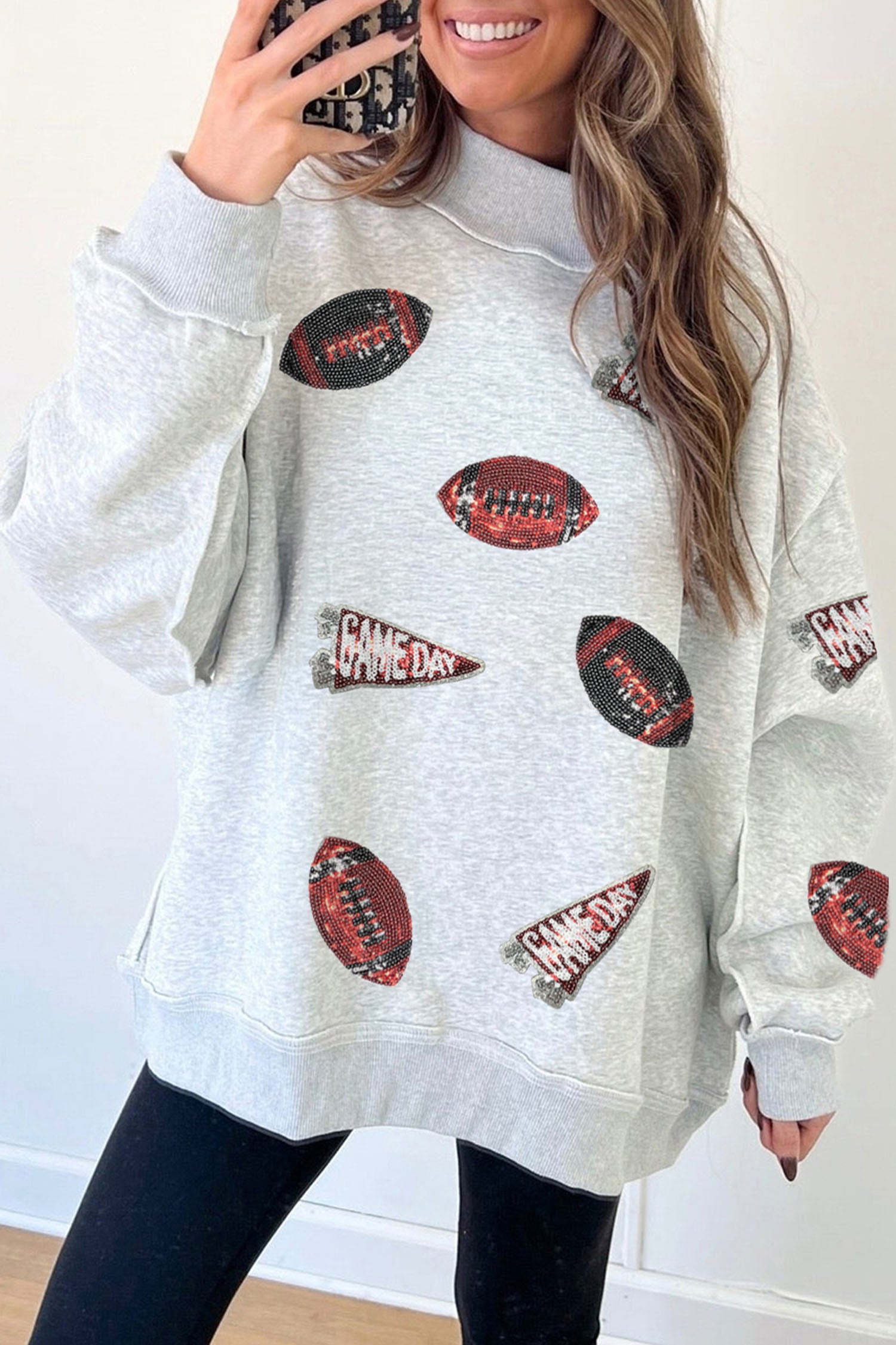 Light Grey Sequin Rugby Game Day High Neck Baggy Sweatshirt-Graphic/Graphic Sweatshirts-[Adult]-[Female]-2022 Online Blue Zone Planet