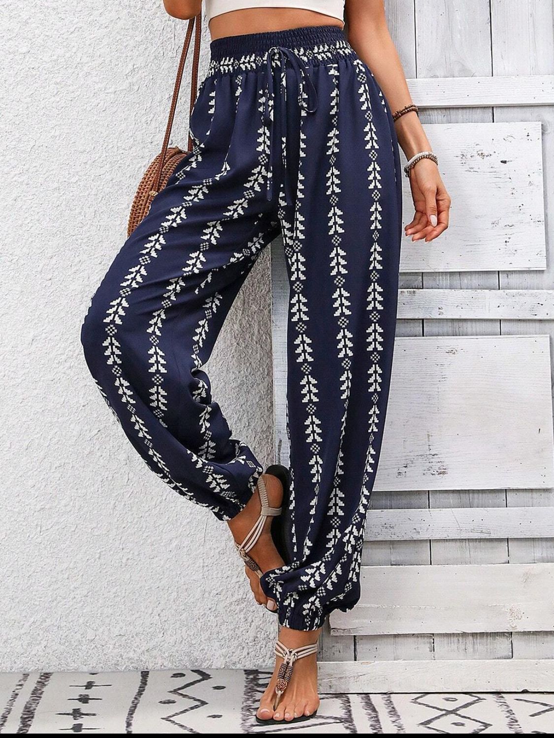 Tied Printed High Waist Pants-BOTTOMS SIZES SMALL MEDIUM LARGE-[Adult]-[Female]-2022 Online Blue Zone Planet