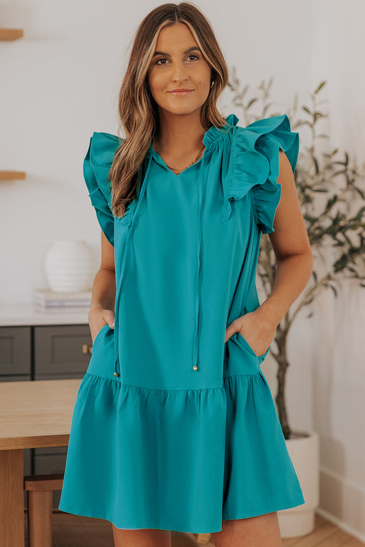 Green Tiered Ruffled Sleeves Mini Dress with Pockets Blue Zone Planet