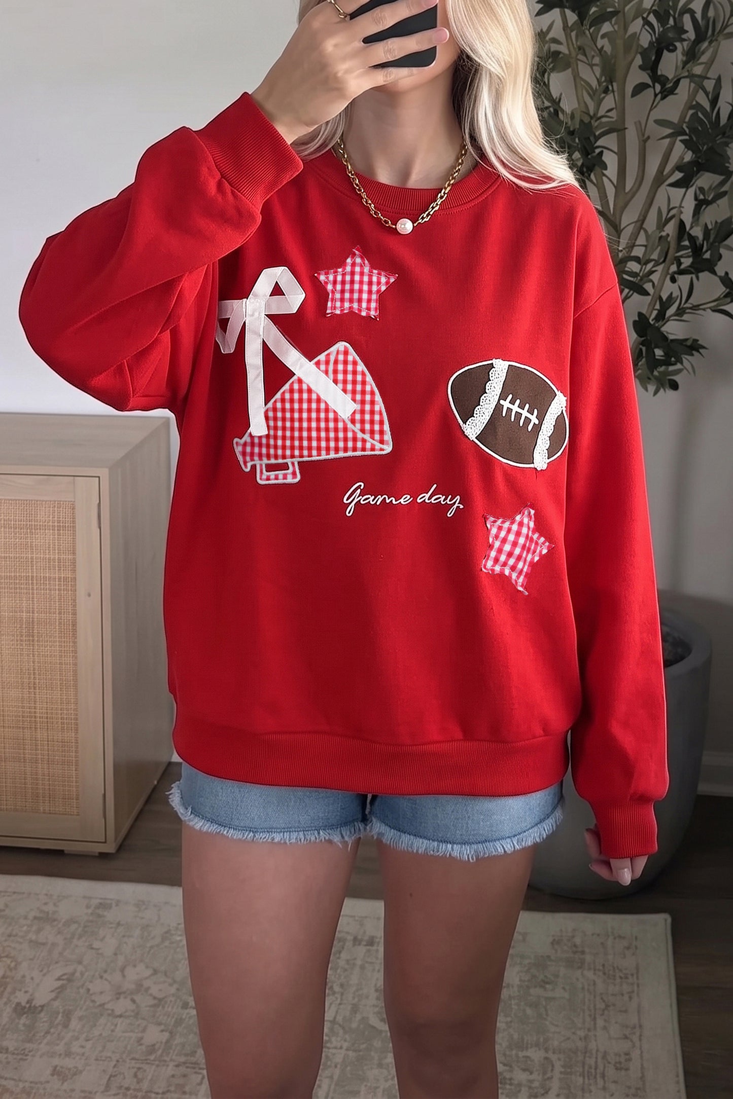 Racing Red Gingham Patch Embroidered Rugby Game Day Stars Sweatshirt