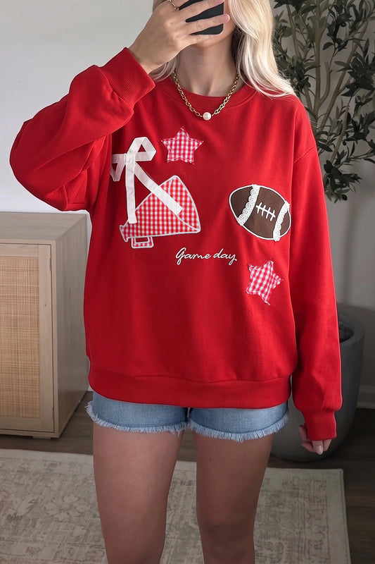 Racing Red Gingham Patch Embroidered Rugby Game Day Stars Sweatshirt-Tops/Sweatshirts & Hoodies-[Adult]-[Female]-Racing Red-S-2022 Online Blue Zone Planet
