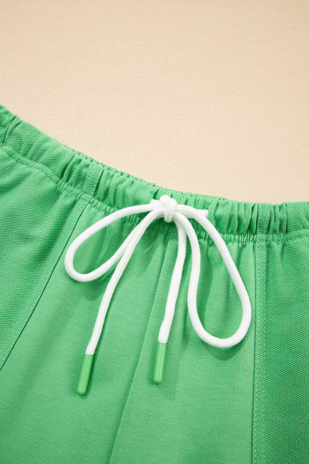 Mint Green V Neck Drop Shoulder Tee And Patchwork Drawstring Shorts Set-Two Piece Sets/Short Sets-[Adult]-[Female]-2022 Online Blue Zone Planet