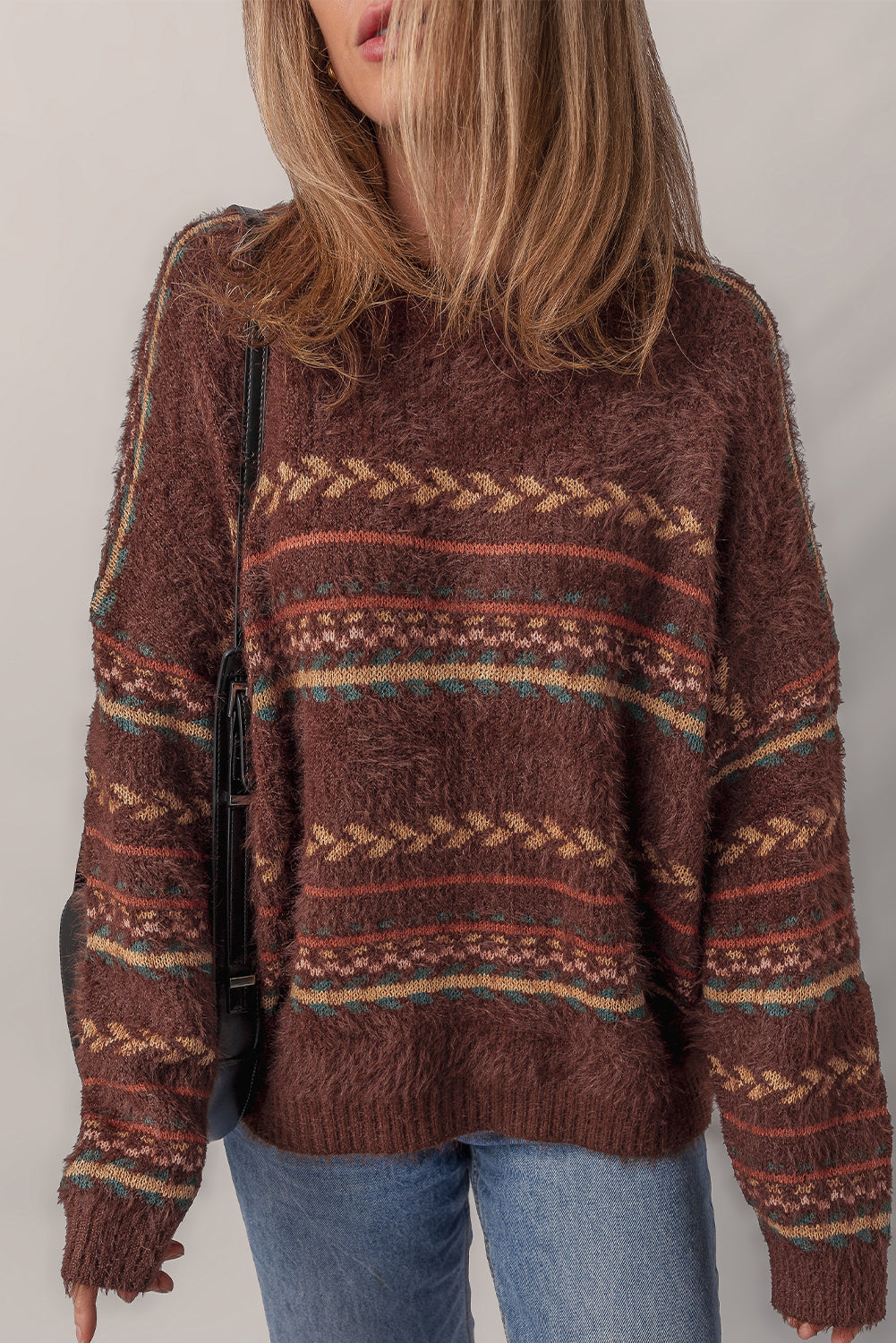 Brown Ethnic Pattern Mohair Knitted Drop Shoulder Sweater-TOPS / DRESSES-[Adult]-[Female]-2022 Online Blue Zone Planet