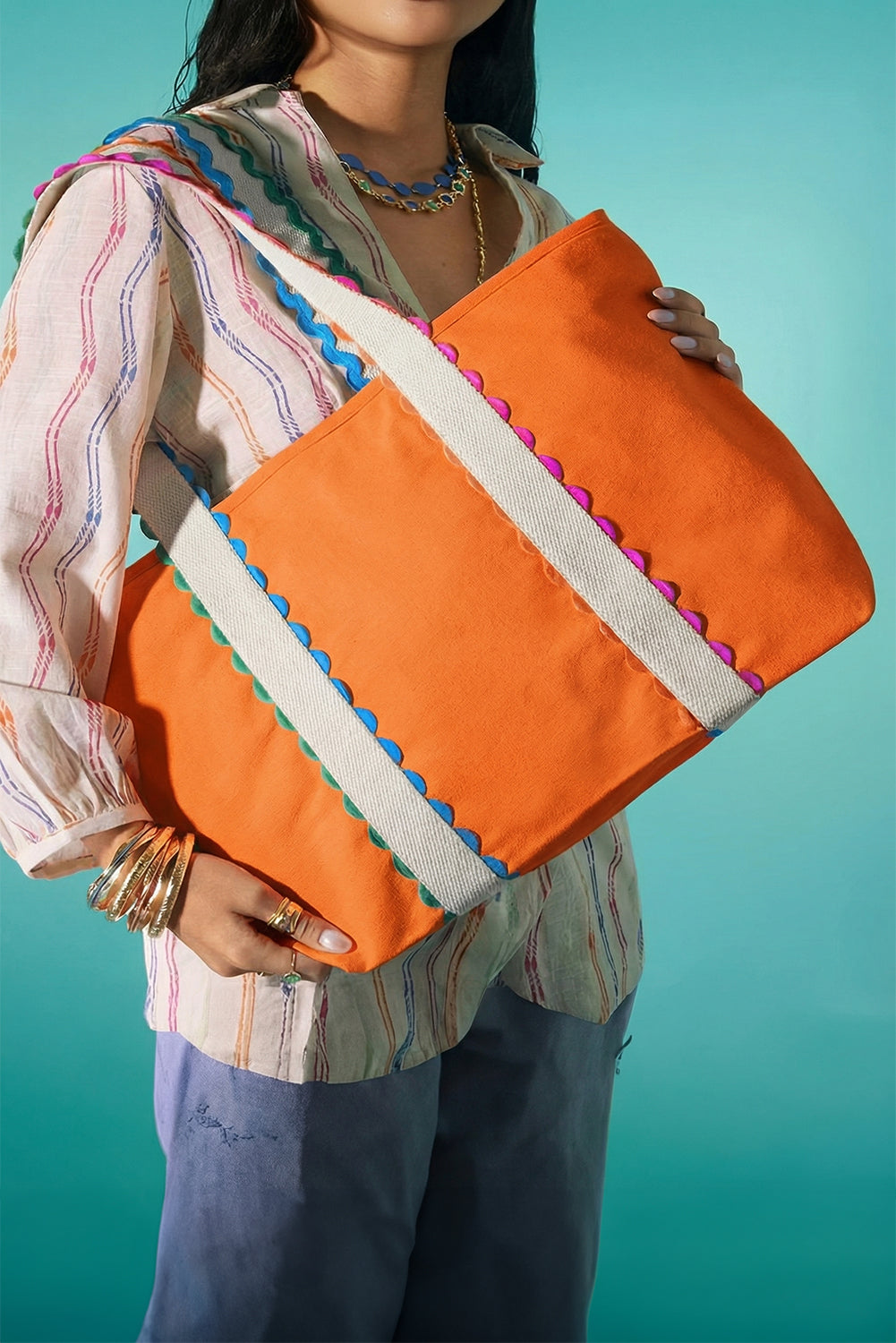 Pink Colorful Ricrac Detail Canvas Tote Bag